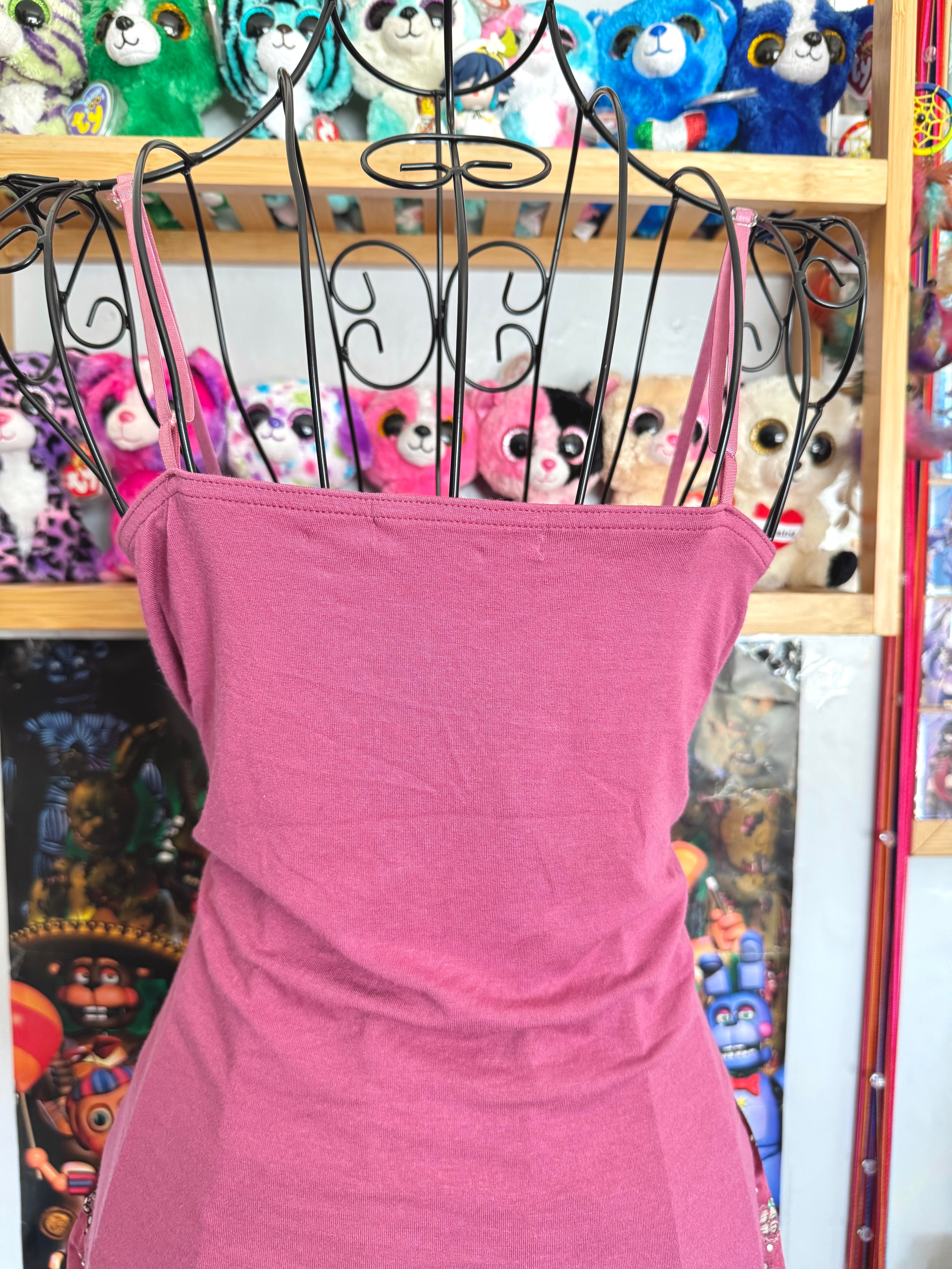 y2k vintage pink boho floaty babydoll ruched mesh cami top
