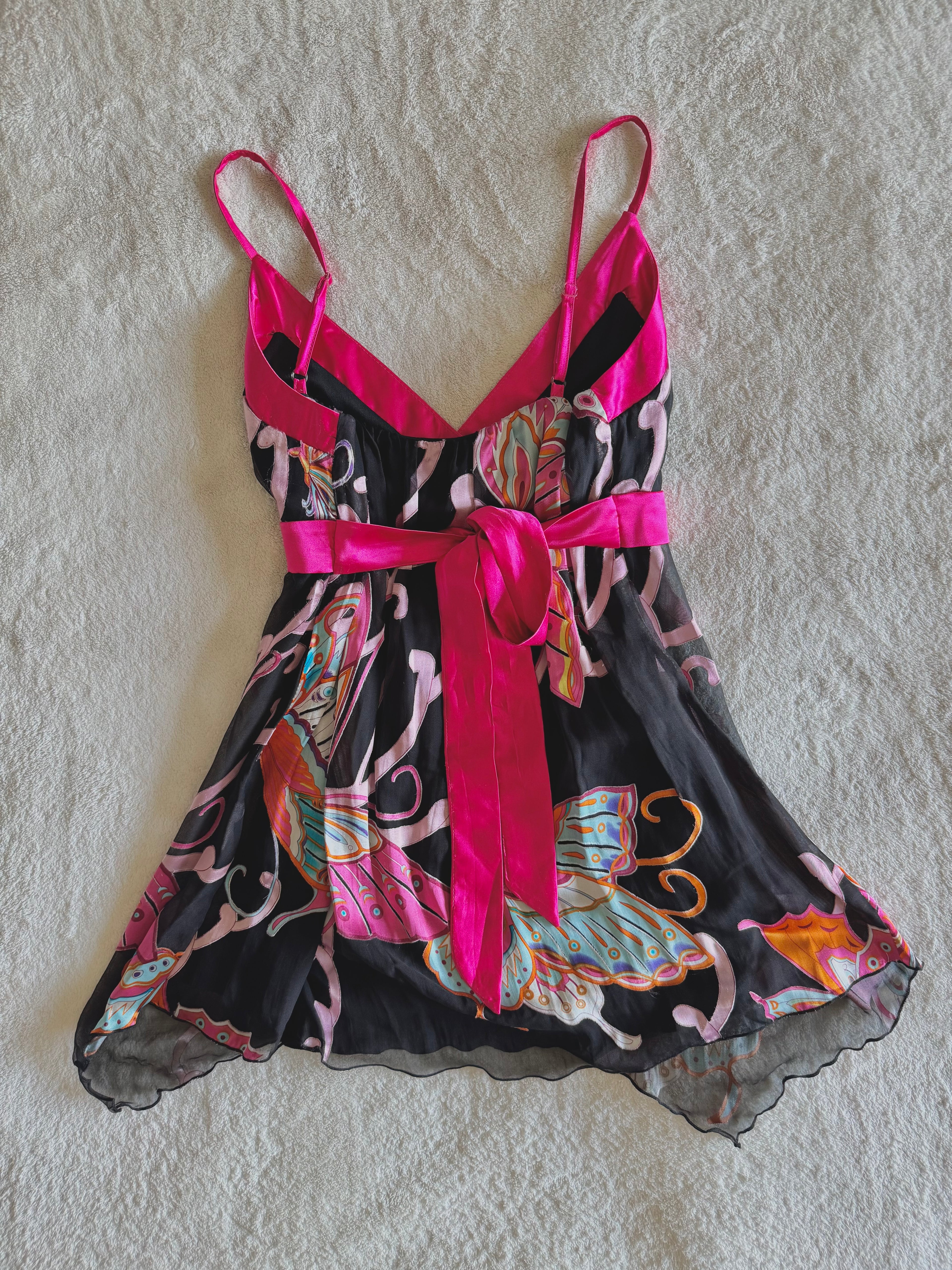 y2k vintage silk black and pink tie back butterfly cami top