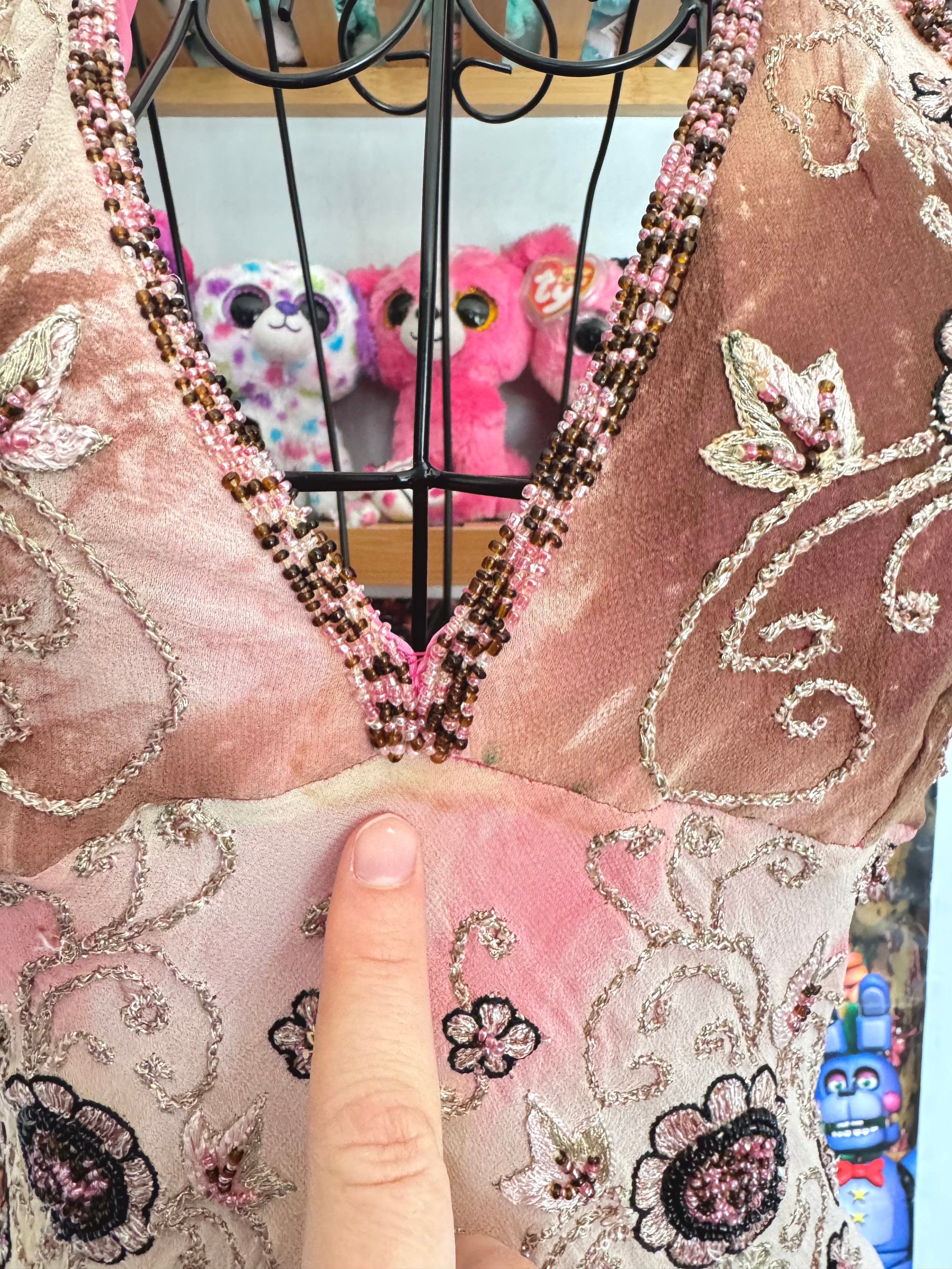 90’s vintage silk pink and brown beaded floral pattern halterneck mini dress fairycore