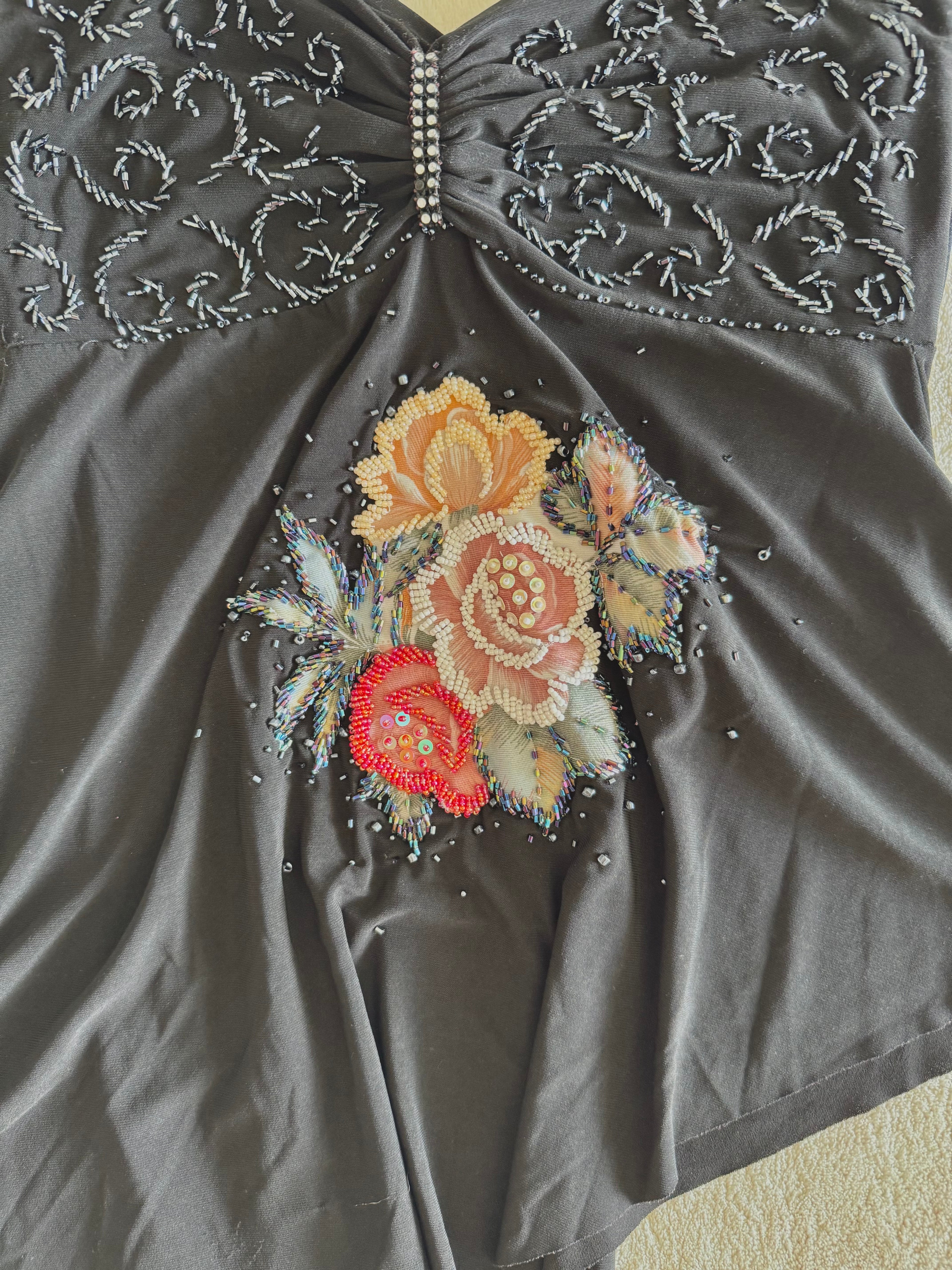 y2k vintage black slinky asymmetrical hem fairycore sequin embellished cami top