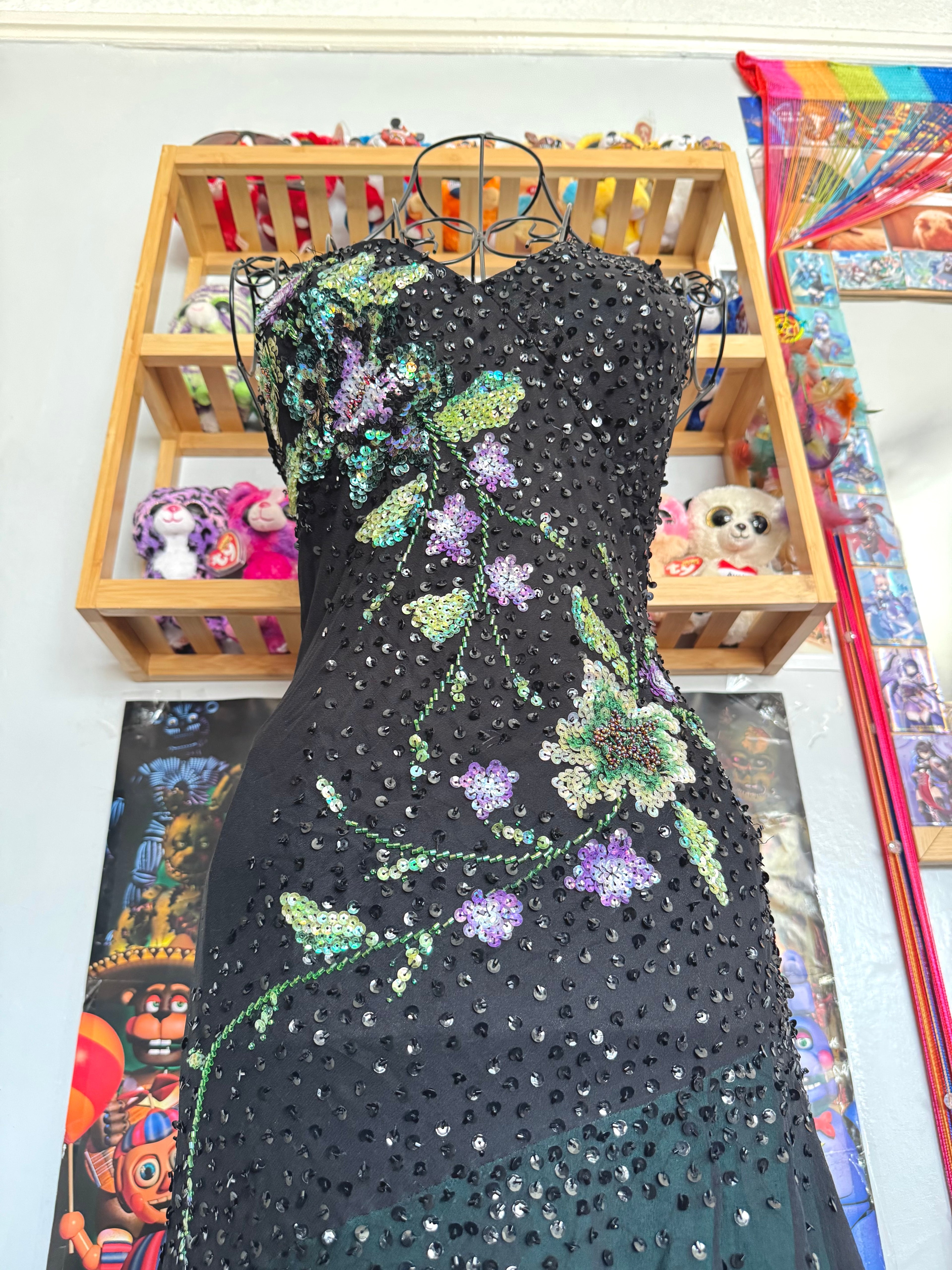 y2k vintage silk asymmetrical hem V-neck sequin embellished occasion dress