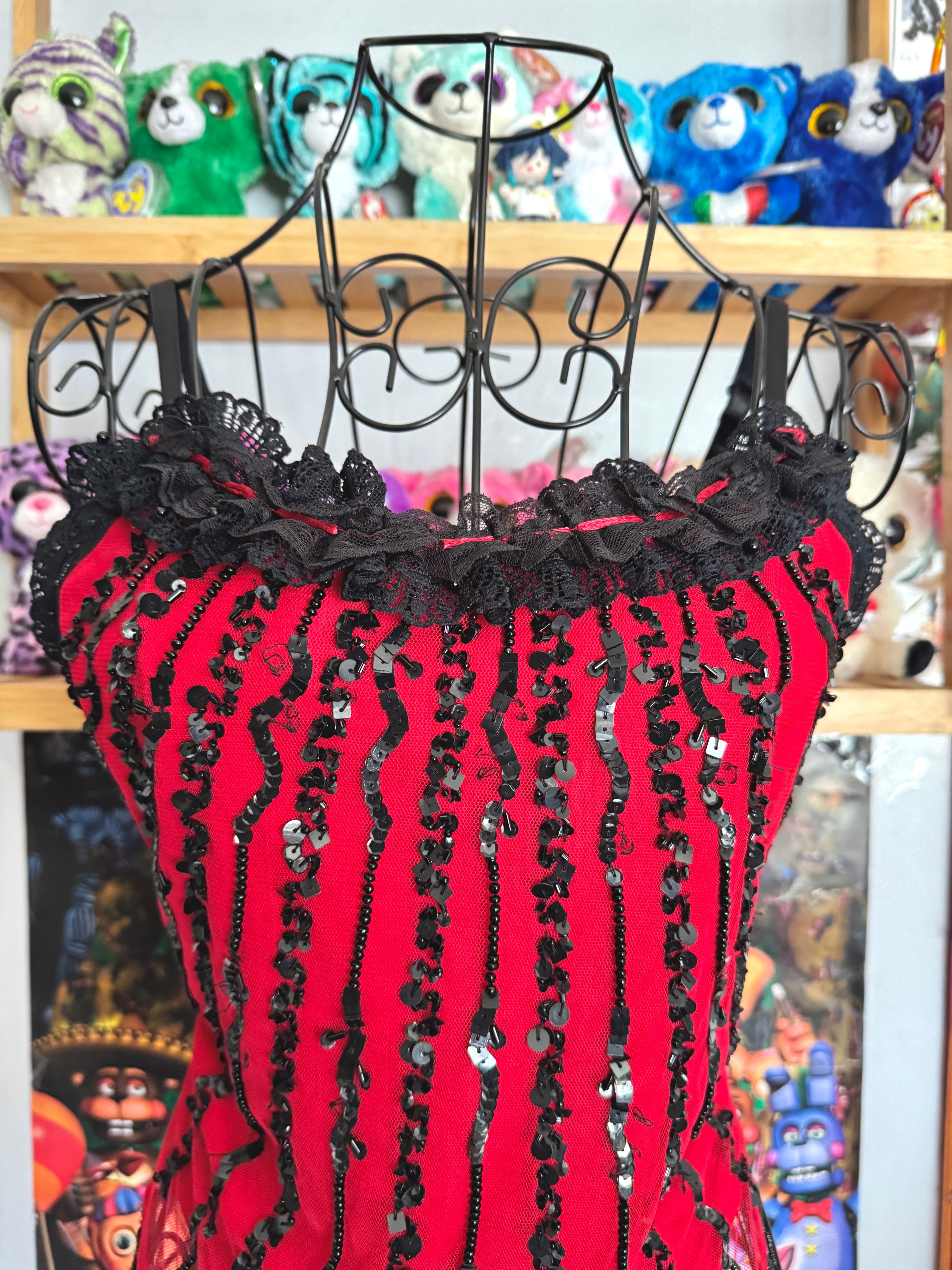 y2k vintage red fitted mesh cami top with black dangle beading and sequin embroidery