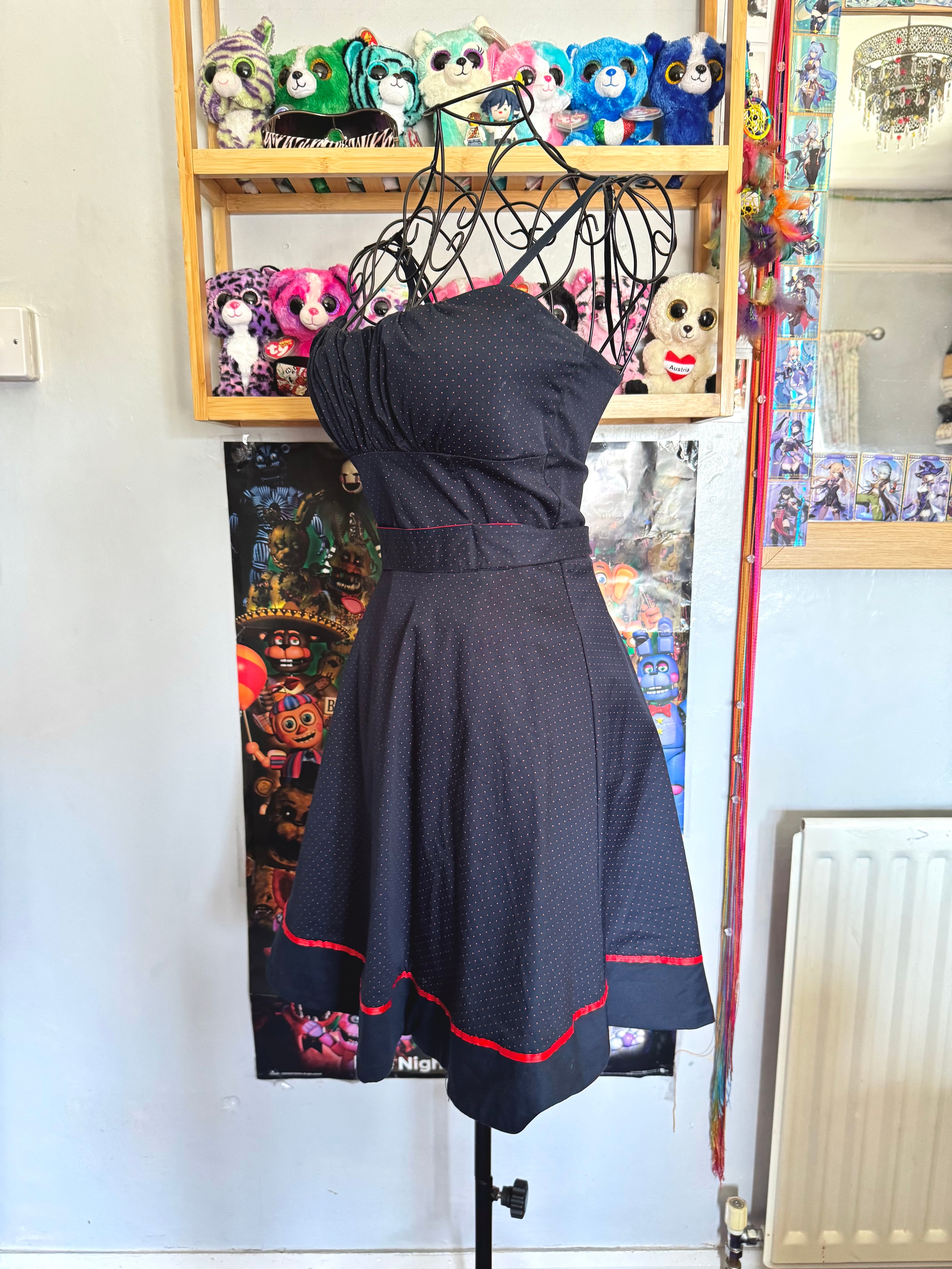 y2k vintage 50’s inspired navy blue and red polkadot tie back mini dress
