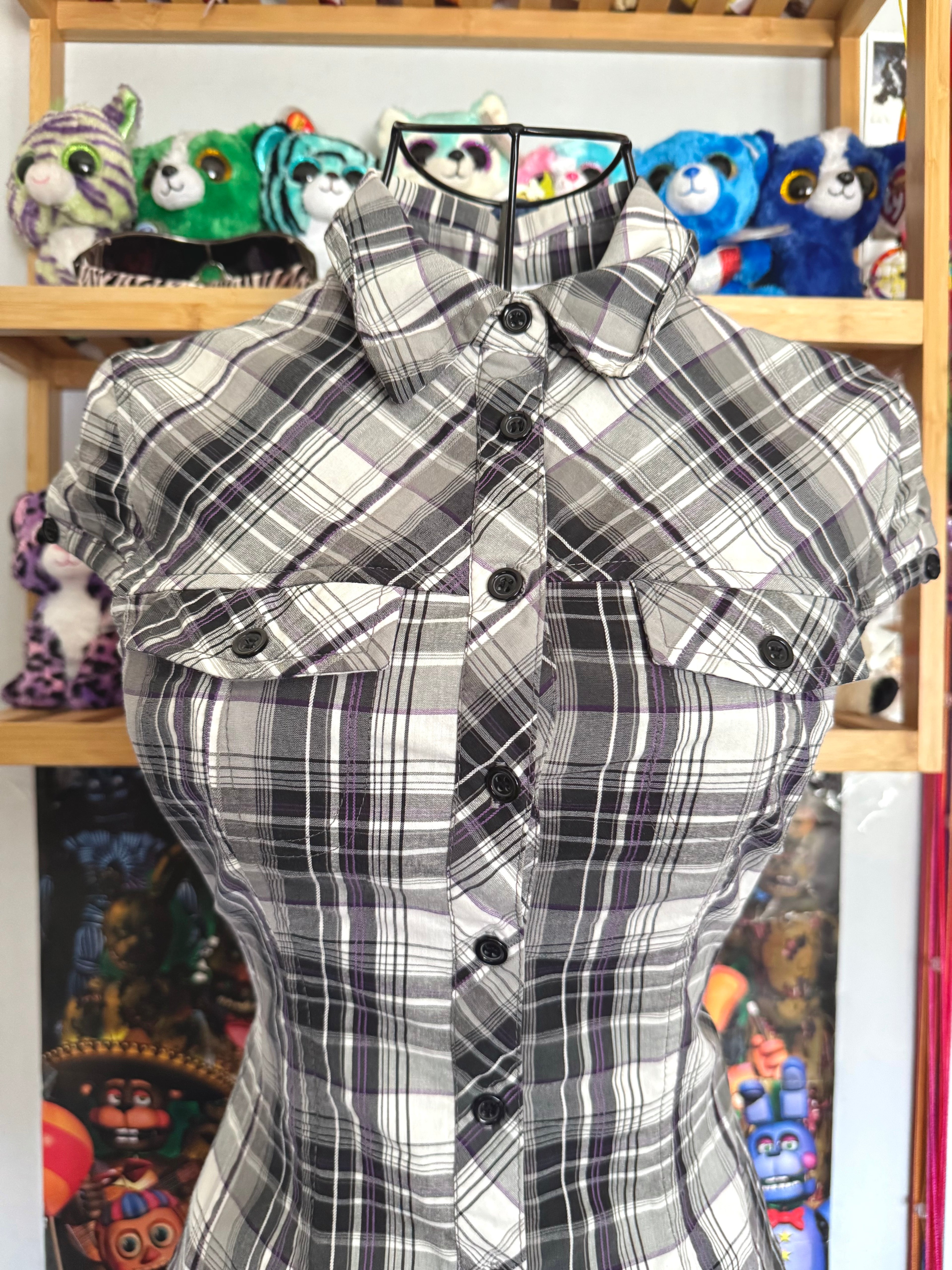y2k vintage plaid grey and purple fitted button up mini dress officecore office siren