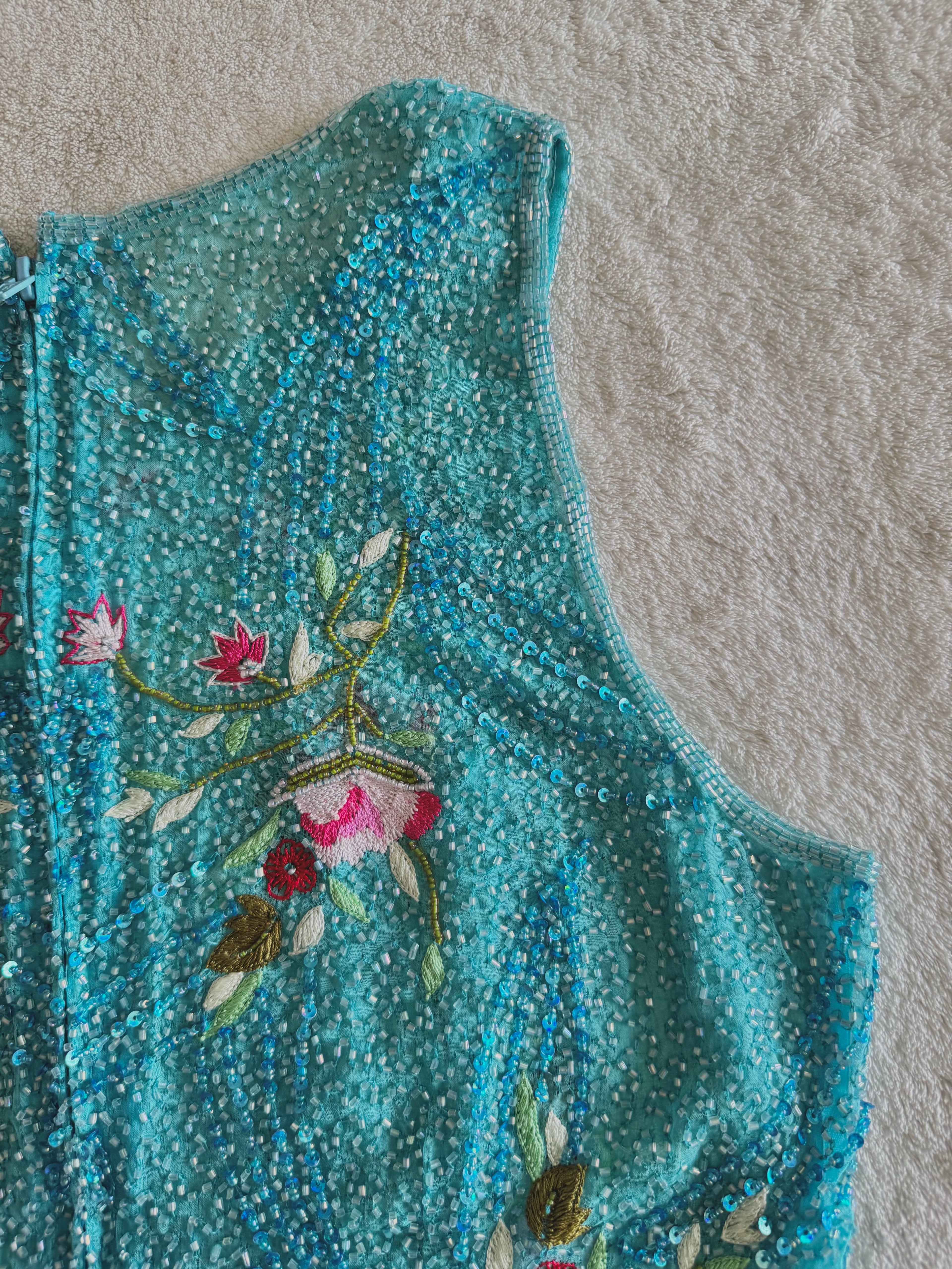 y2k vintage turquoise blue heavily beaded silk fitted vest top mermaid