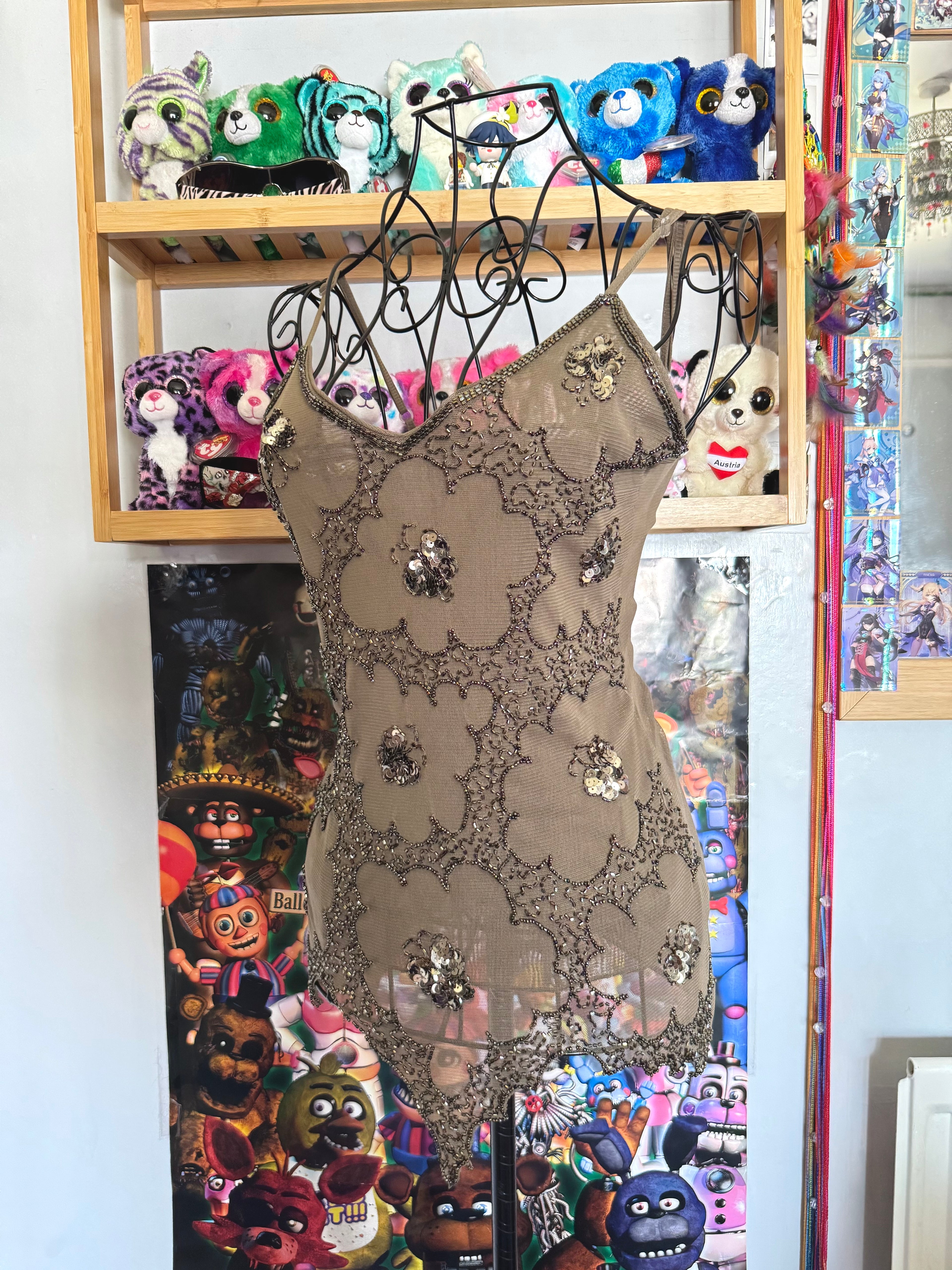 y2k vintage khaki brown sheer mesh butterfly sequinned cami top with jagged asymmetrical hem fairy
