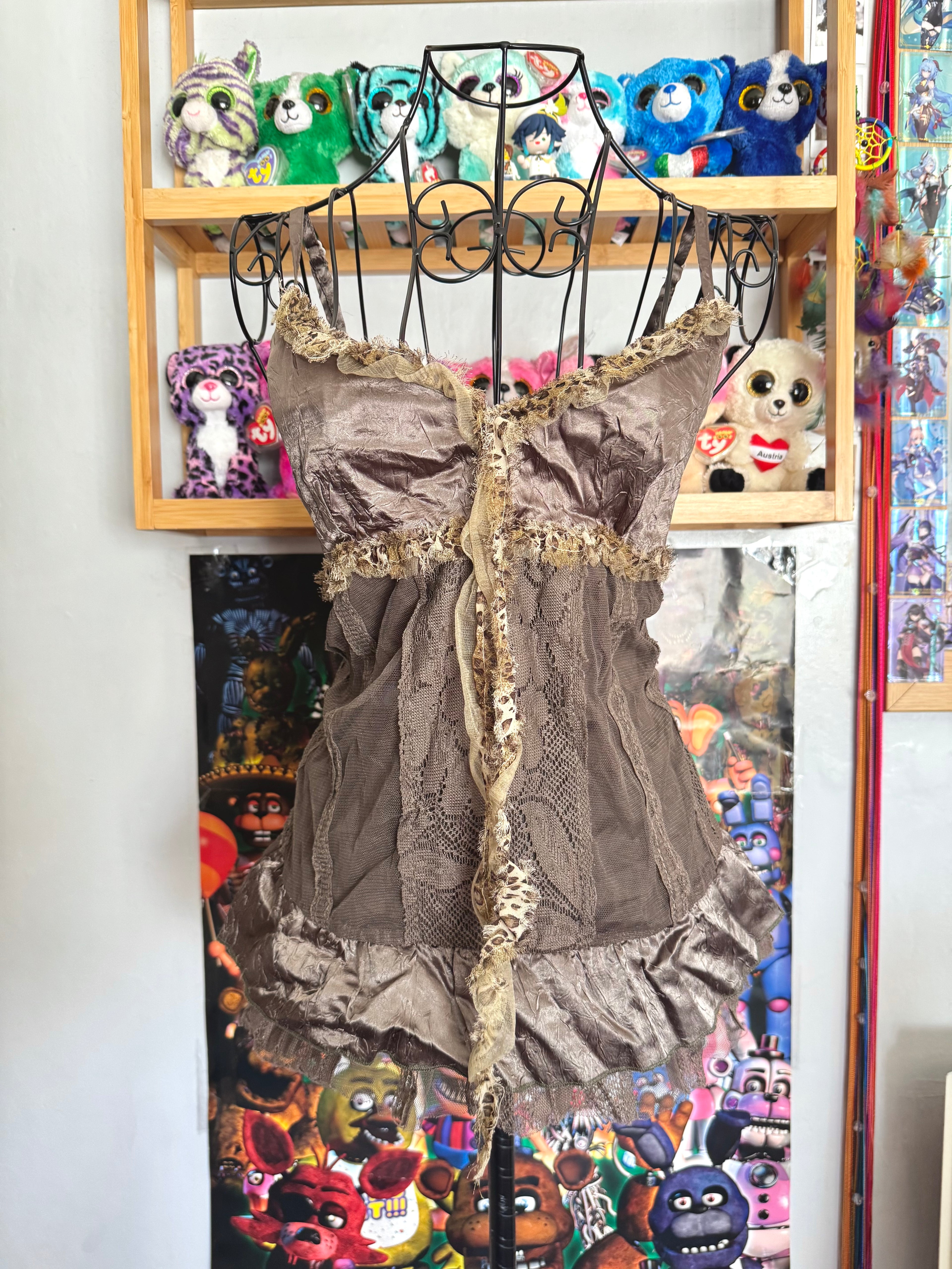 y2k vintage khaki fitted satin and lace cami top with leopard print trimmings fairycore