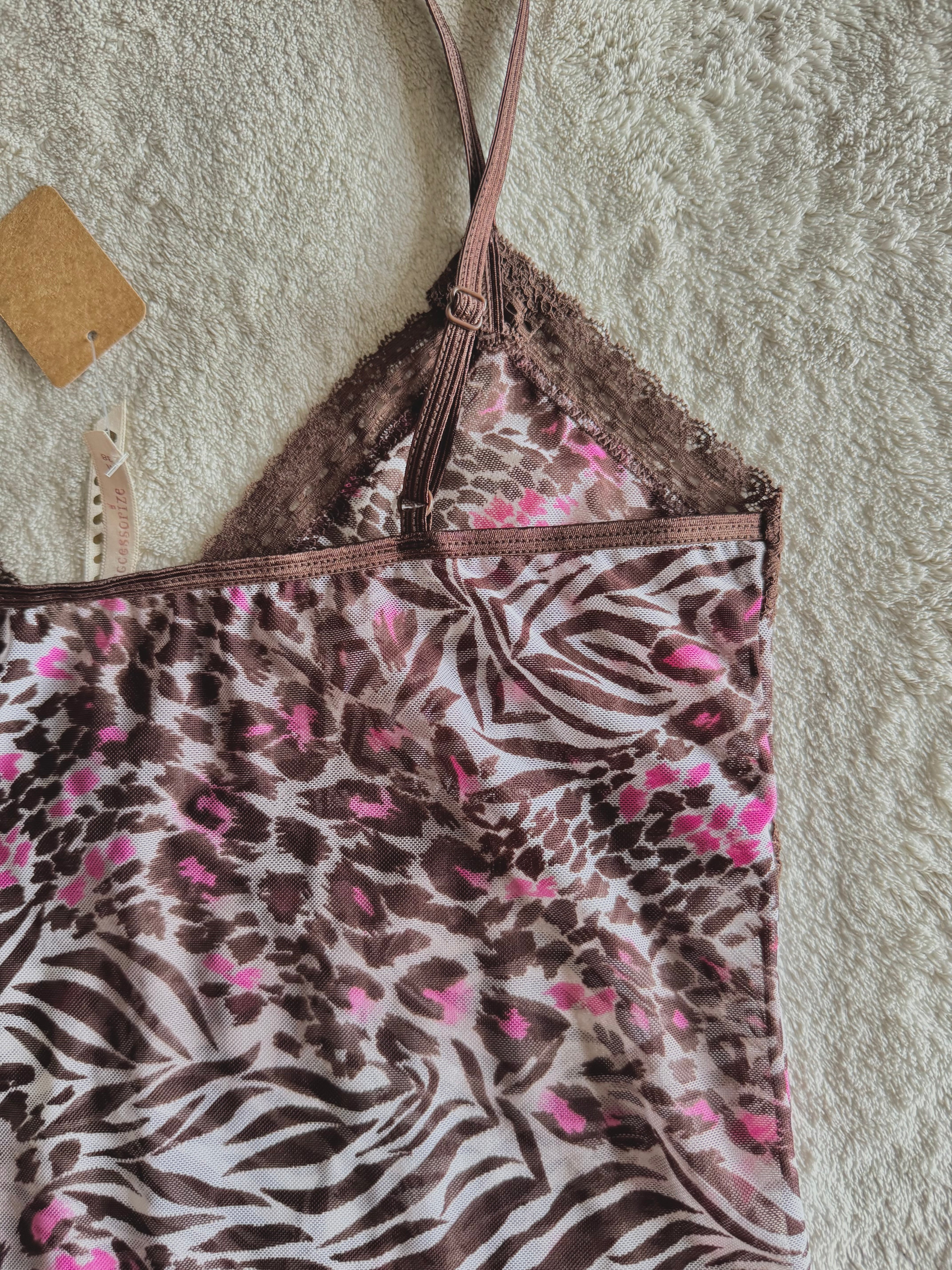 y2k vintage leopard and zebra print brown and hot pink sheer mesh cami top mcbling