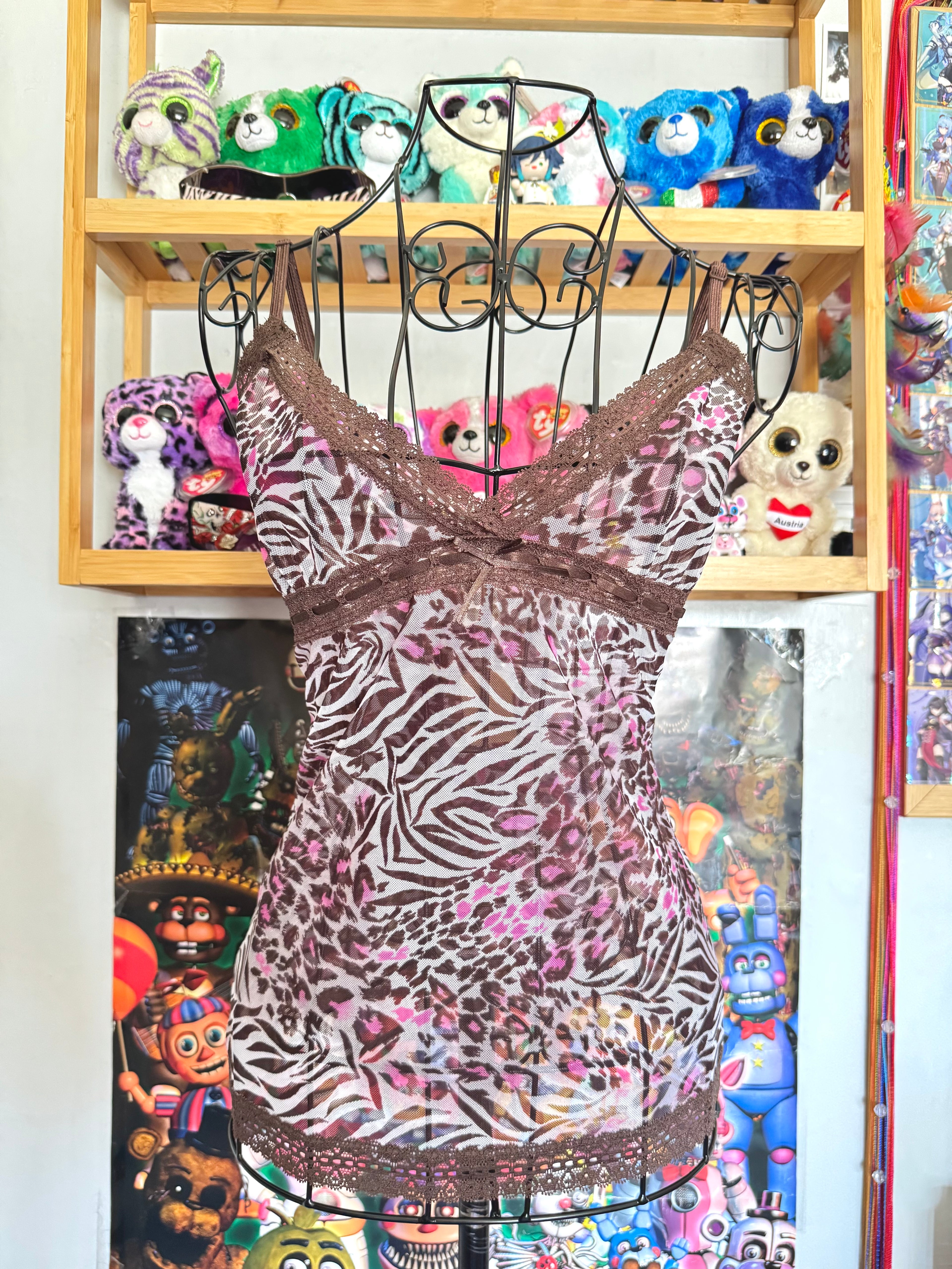 y2k vintage leopard and zebra print brown and hot pink sheer mesh cami top mcbling