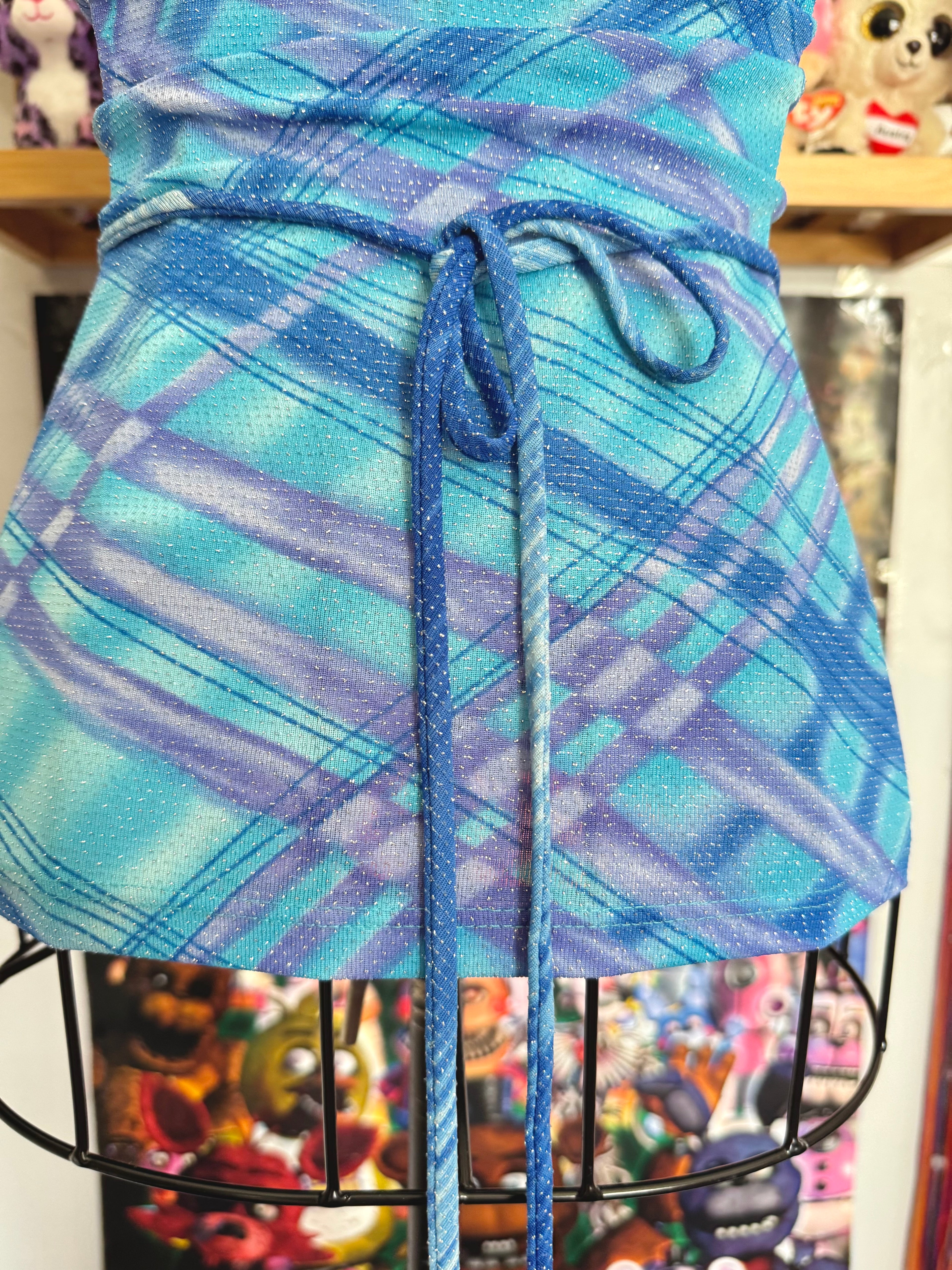 y2k vintage aqua blue fitted halterneck tie back top with glittery shimmer throughout
