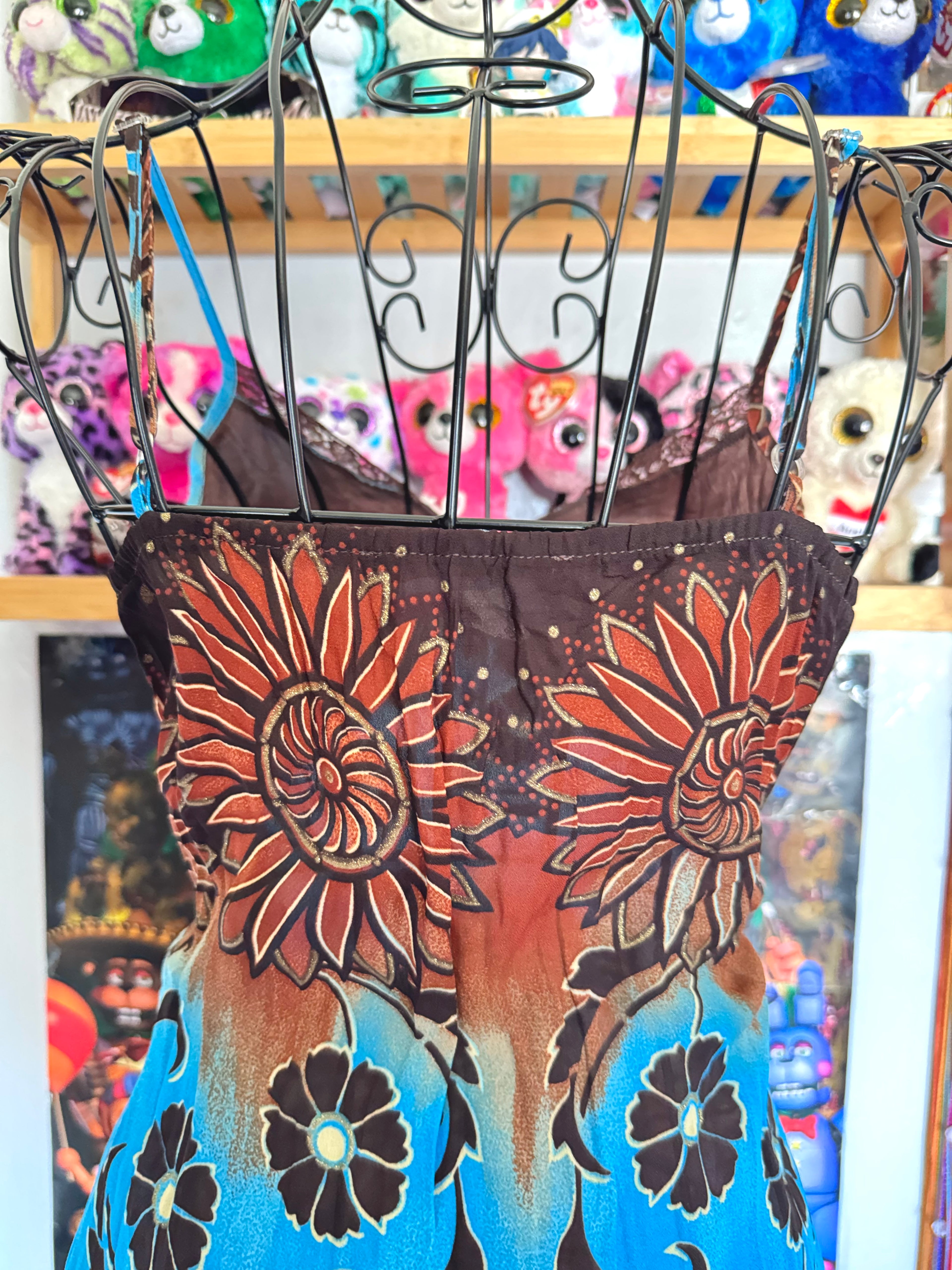 y2k vintage earthy blue and brown floral fitted cami top