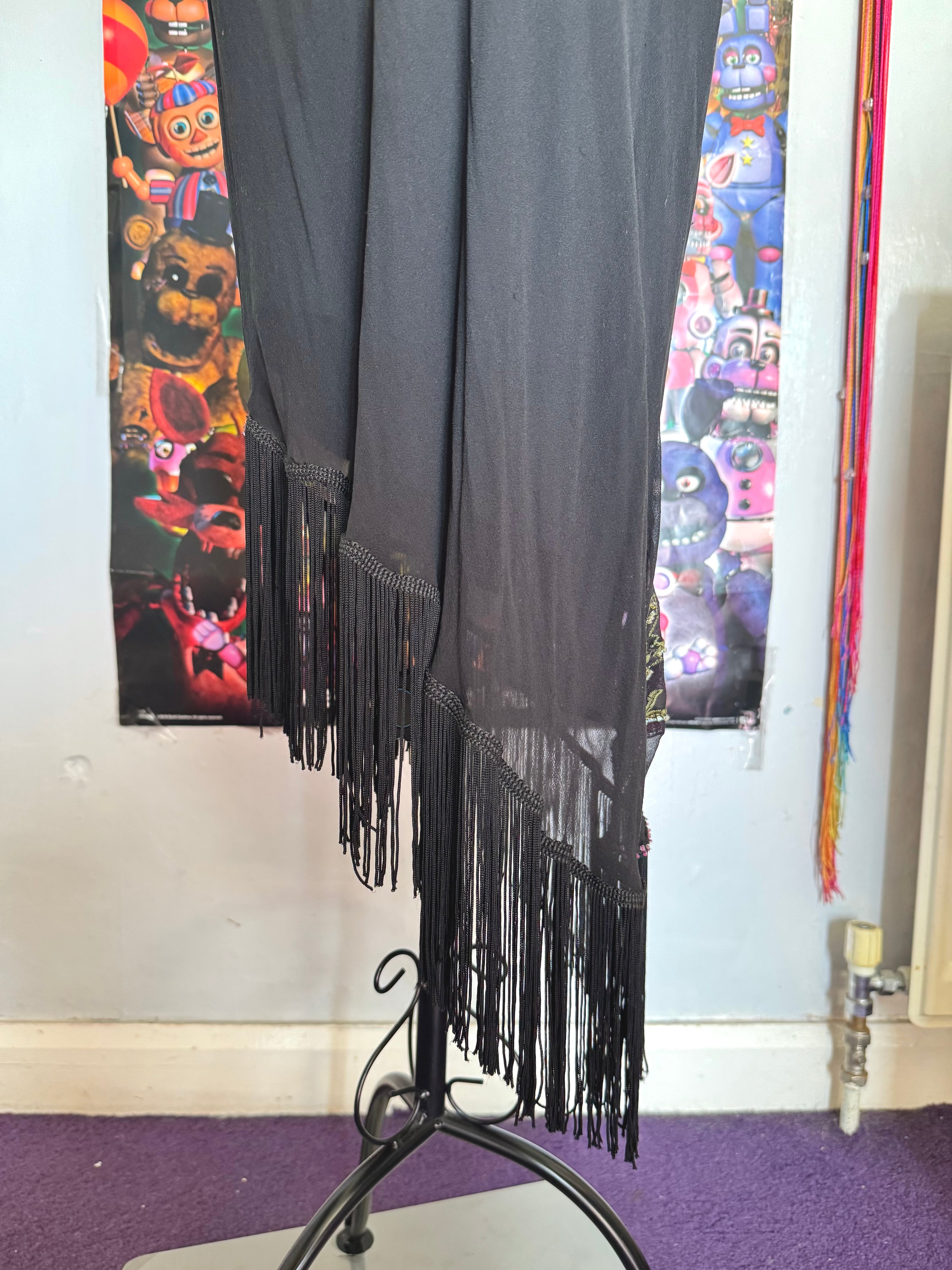 y2k vintage silk asymmetrical hem tassel maxi dress with beautiful floral embroidery