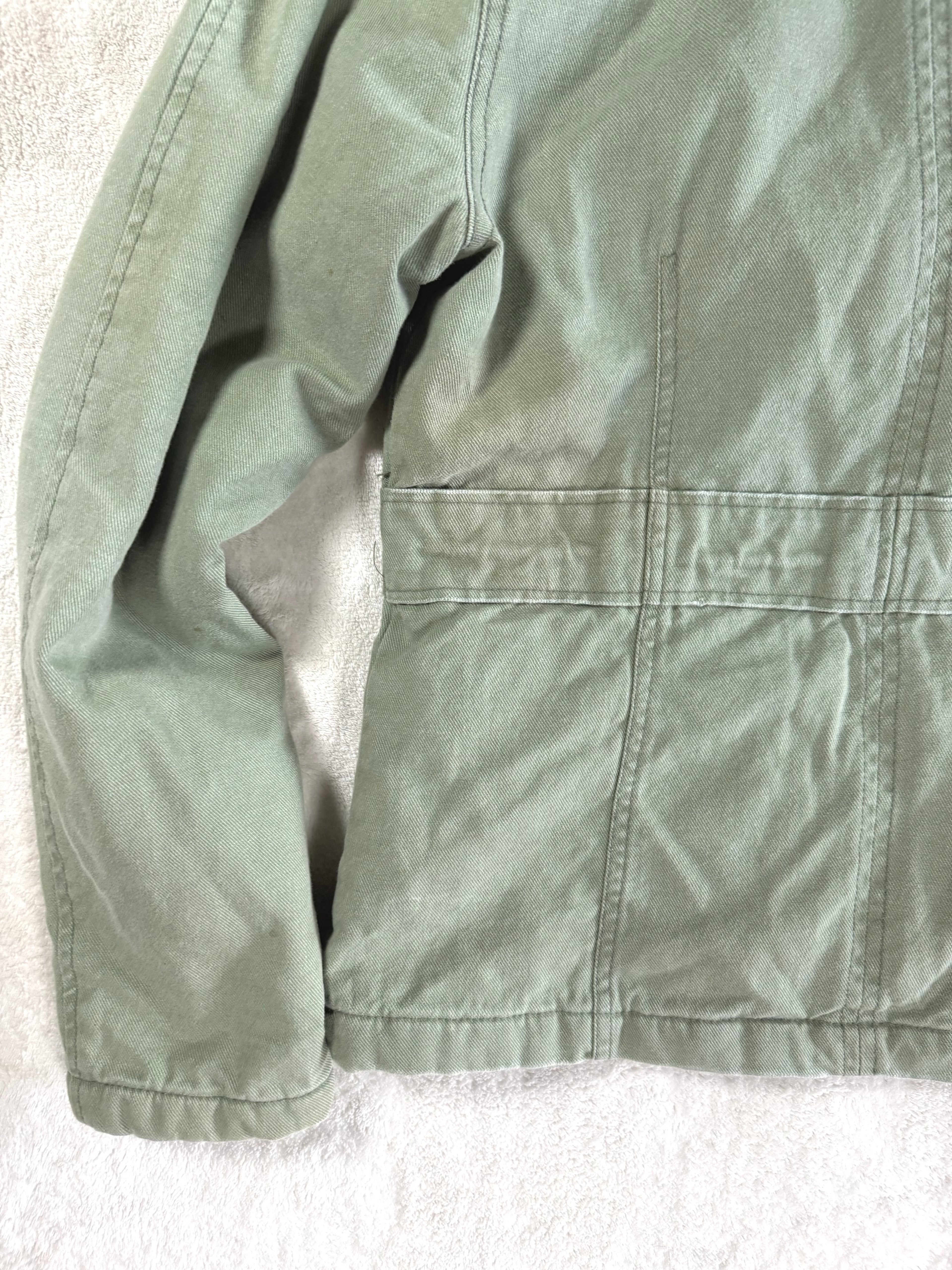 y2k vintage sage green fitted button up parka jacket with faux fur trim hood and cinch waist
