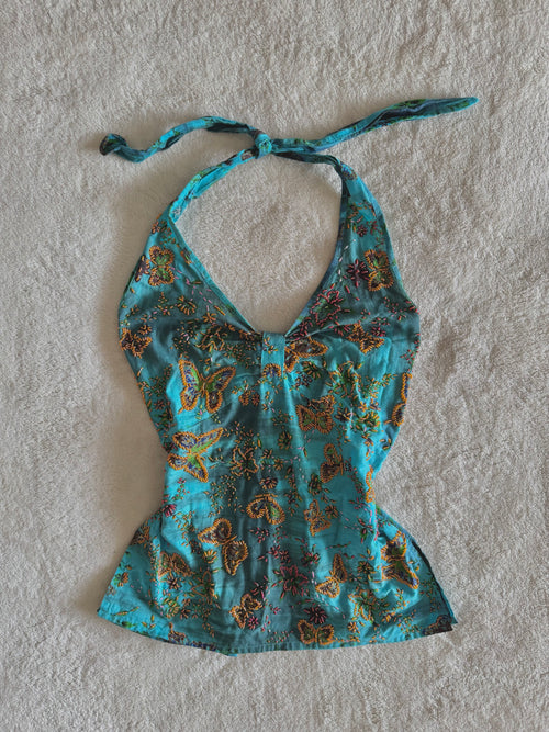 y2k vintage aqua and teal blue fitted beaded butterfly halterneck cami top