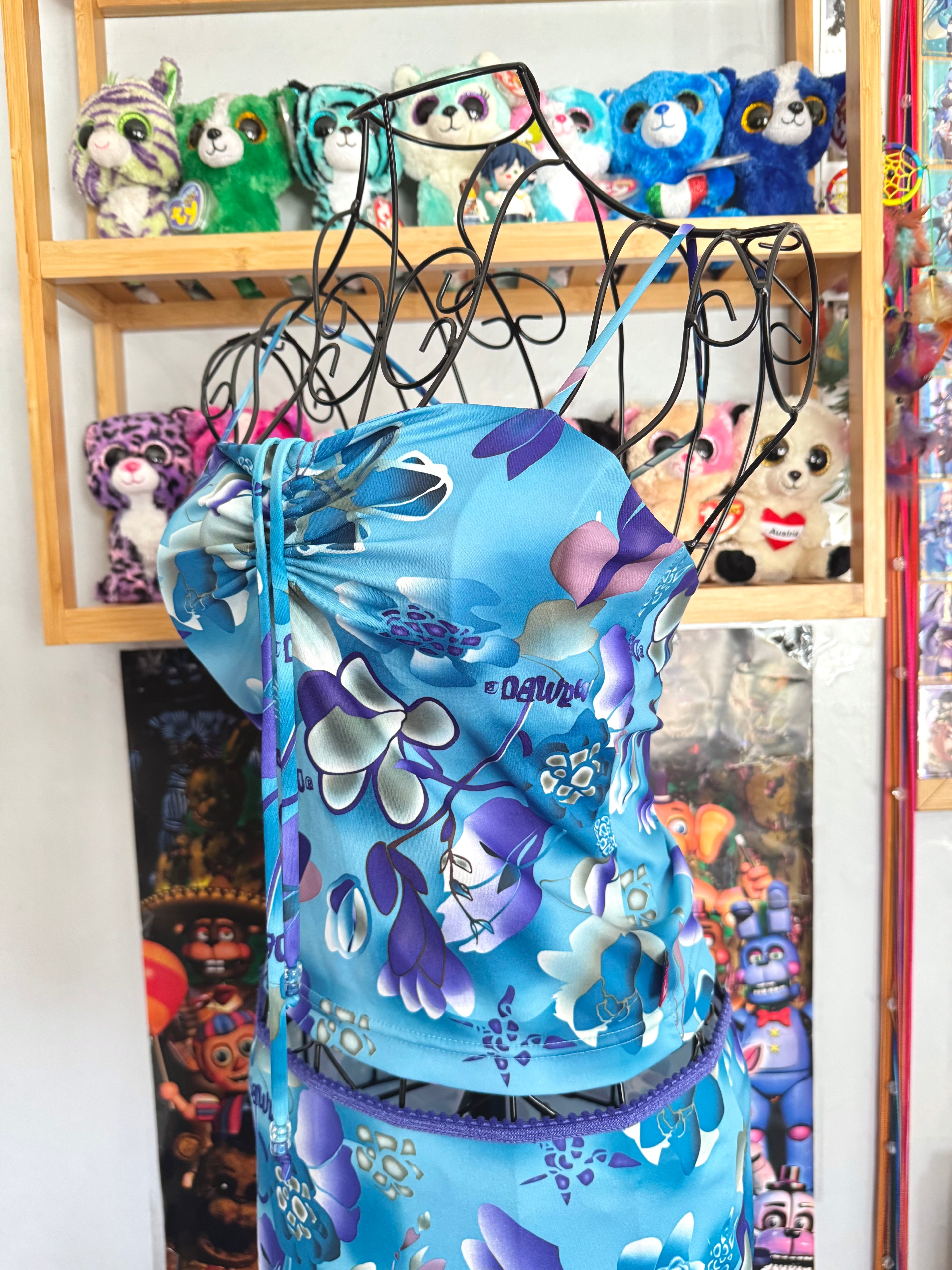 y2k vintage aqua blue h2o floral print two piece midi skirt and cami top set