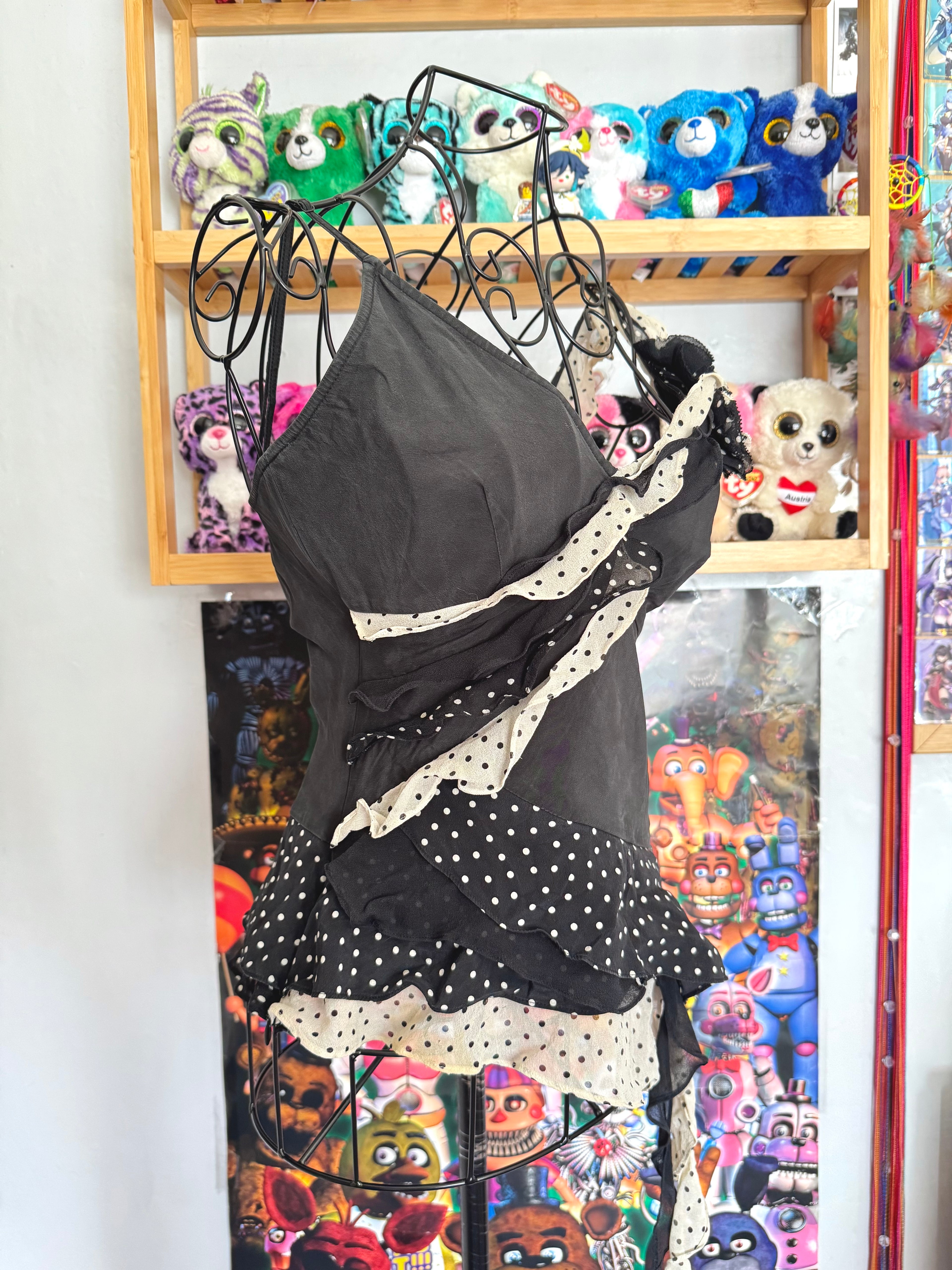 y2k vintage black and cream silk polkadot fitted asymmetrical cami top