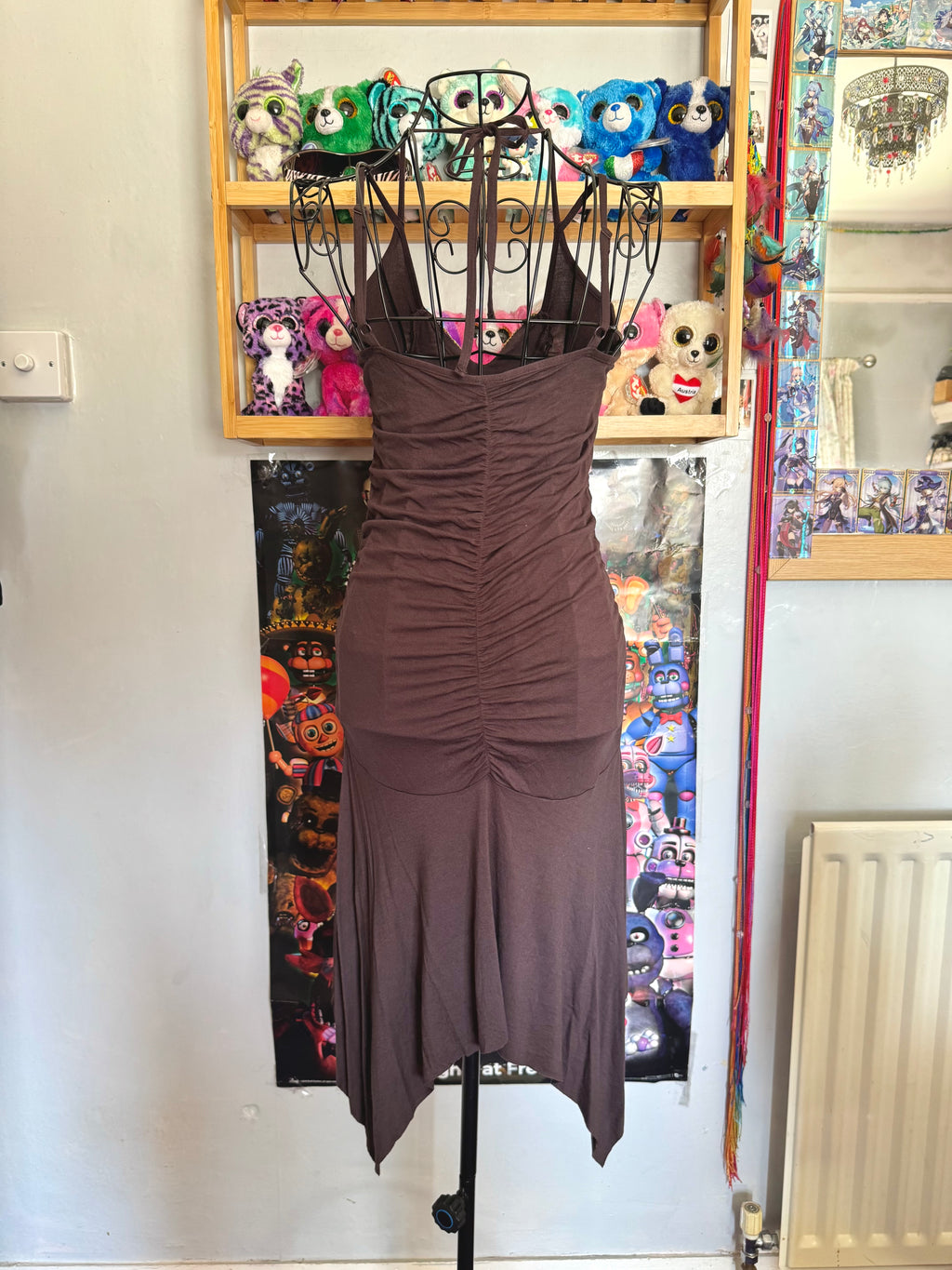 y2k vintage chocolate brown rushed asymmetrical hem midi halterneck dress with golden sequins