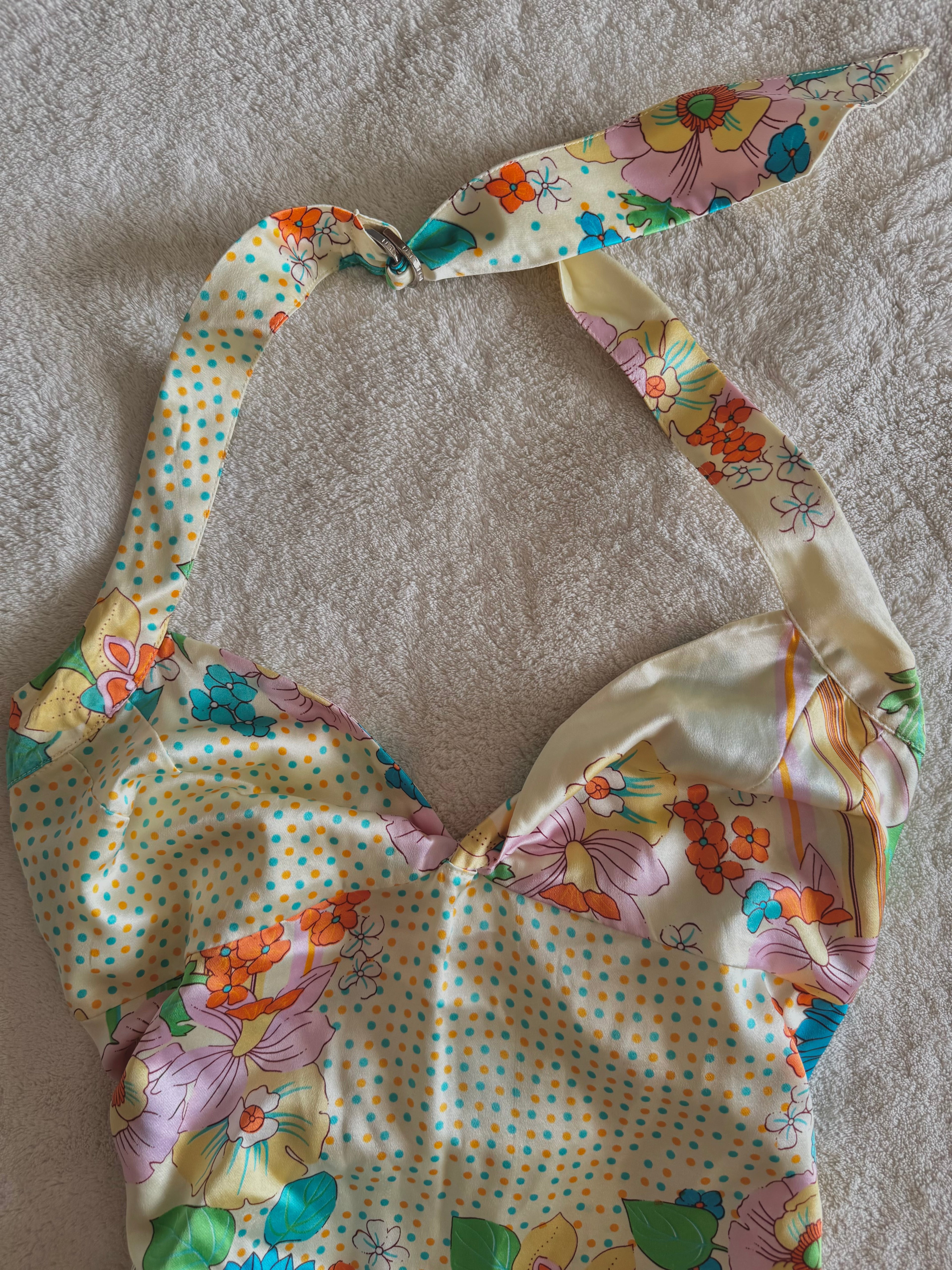y2k vintage fitted silk floral ruched halterneck cami top