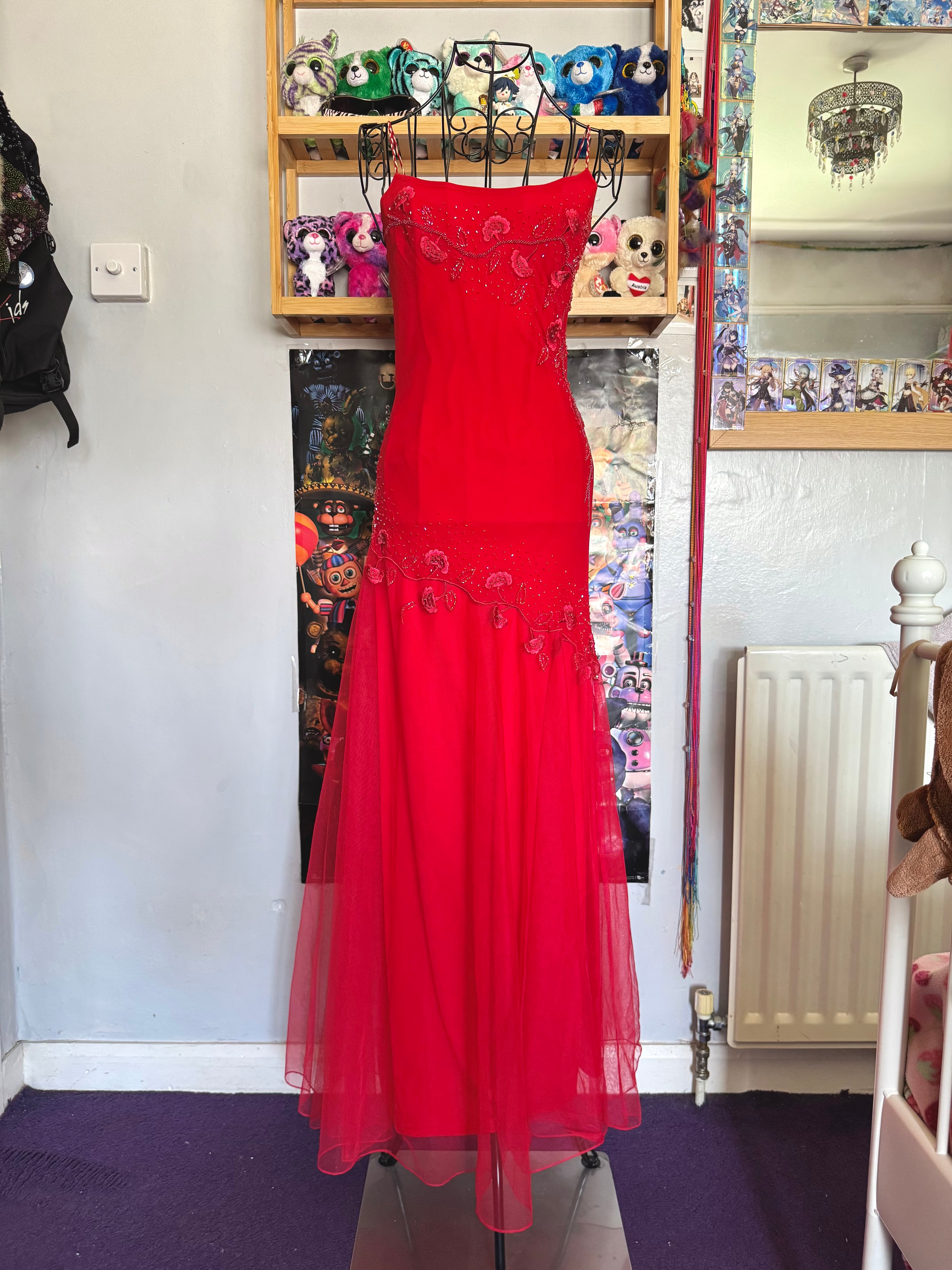 y2k vintage red silk floral embroidery maxi dress for prom or special occasion