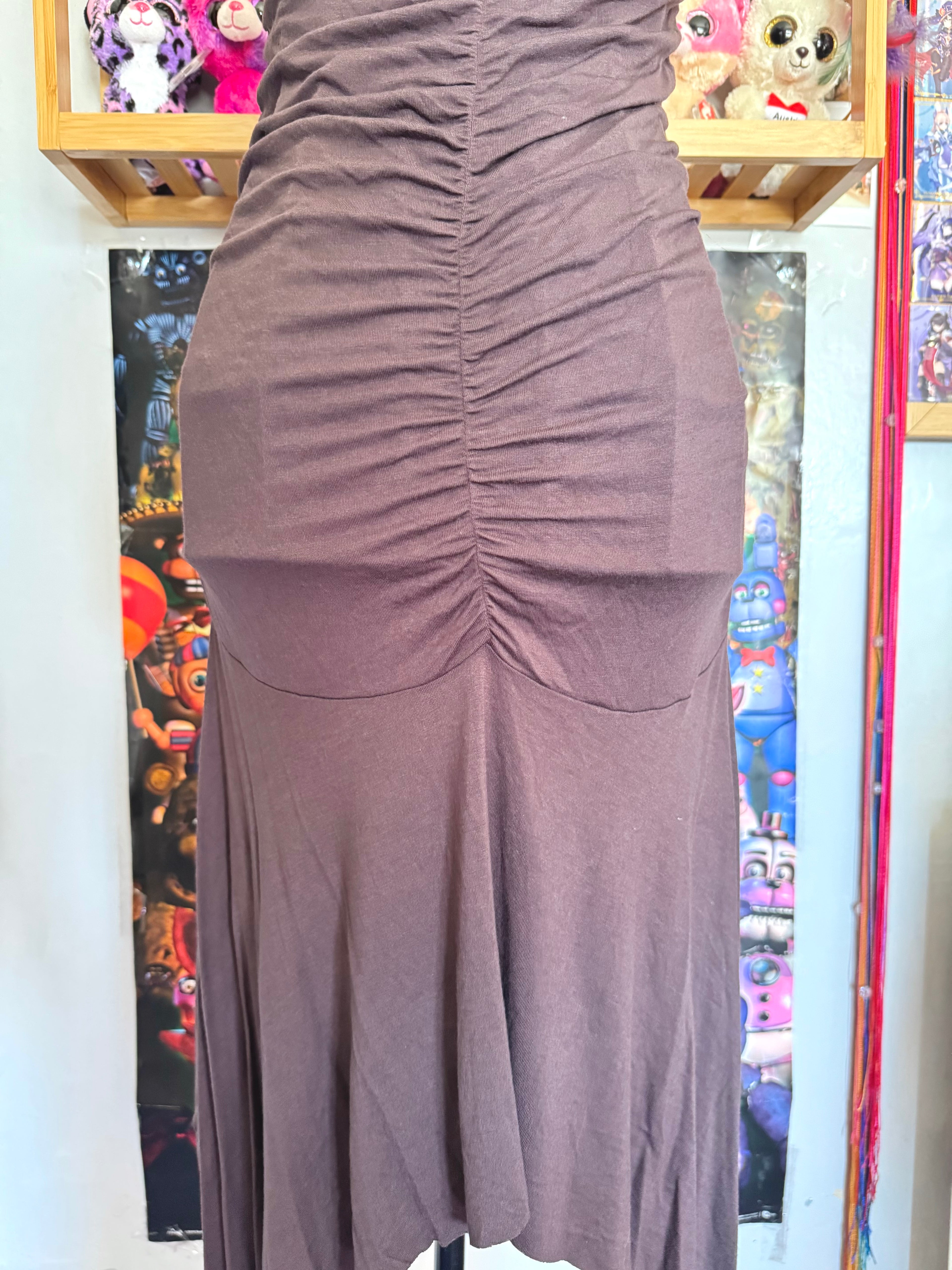 y2k vintage chocolate brown rushed asymmetrical hem midi halterneck dress with golden sequins