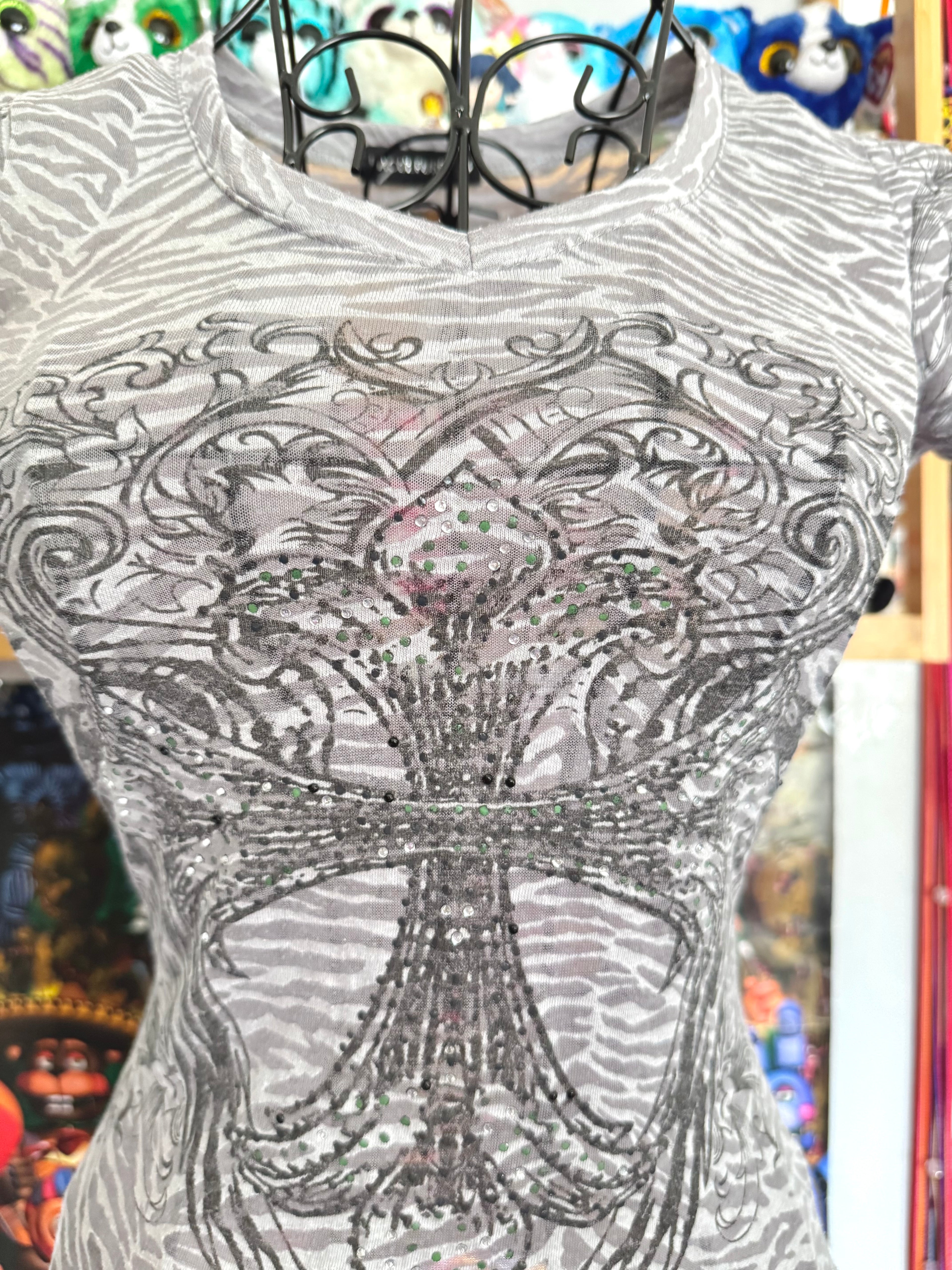 y2k vintage sheer graphic wings fitted tee with rhinestone embellishments affliction mcbling