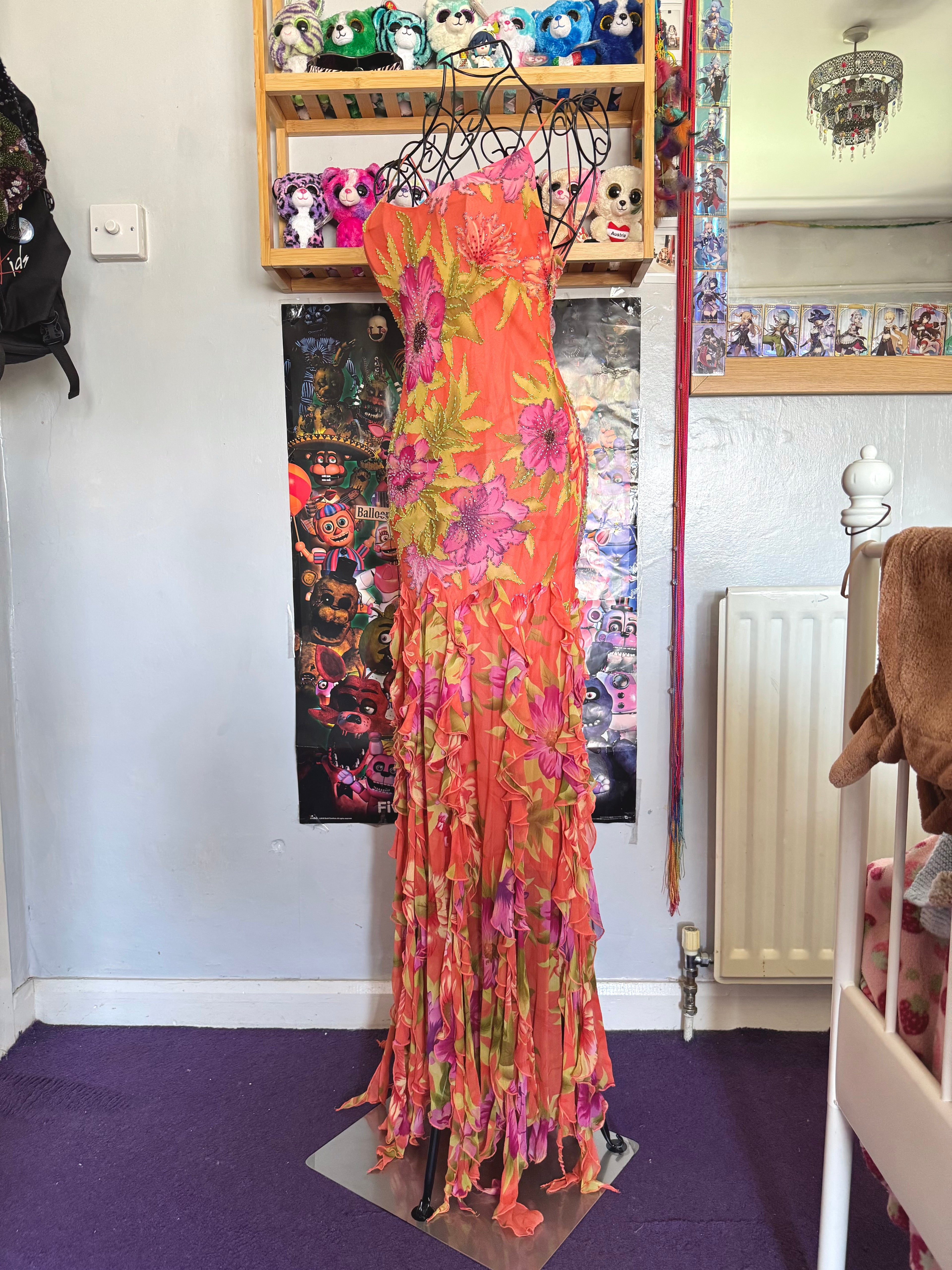y2k vintage silk orange floral special occasion maxi dress with tassel hem