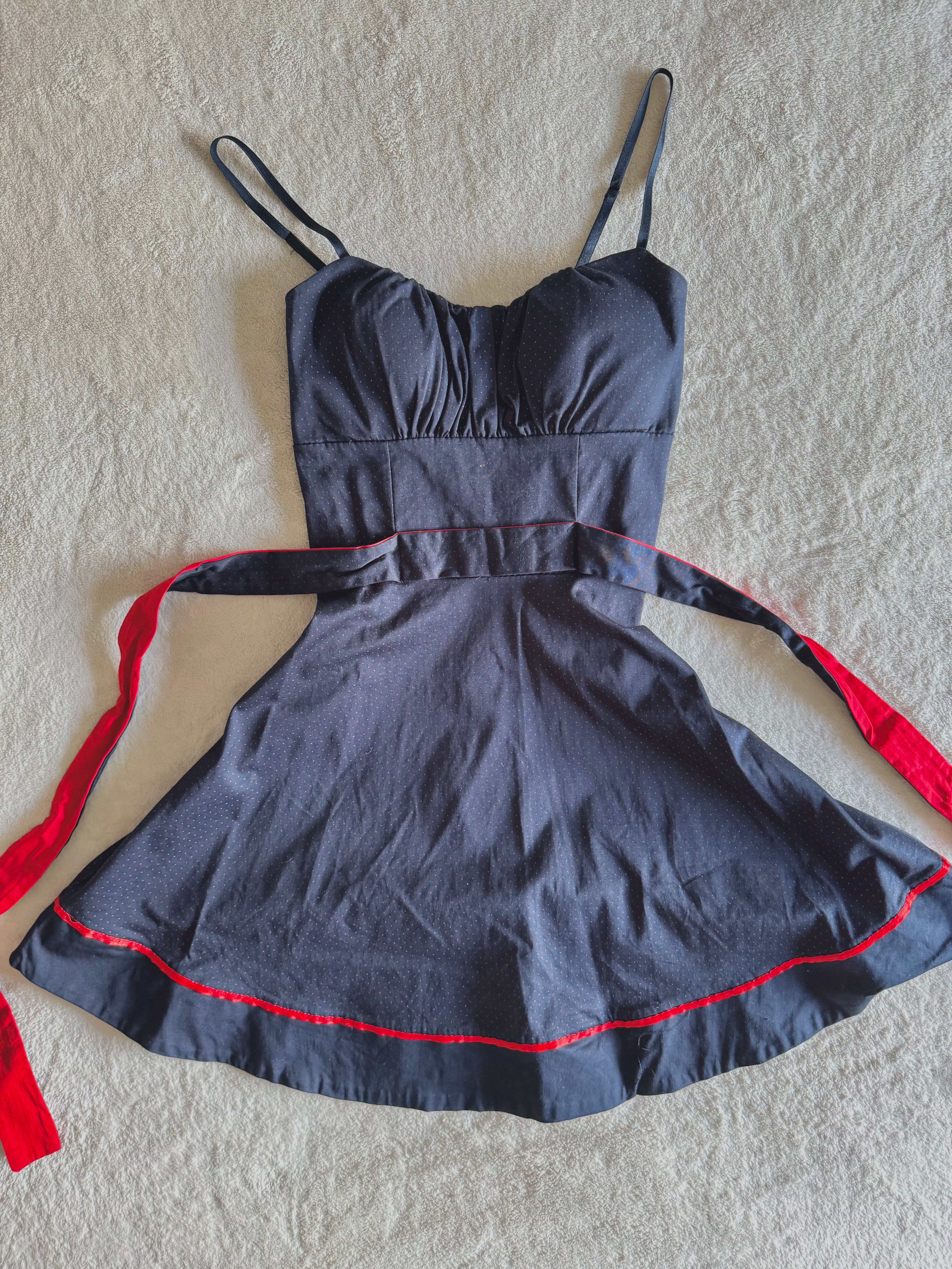 y2k vintage 50’s inspired navy blue and red polkadot tie back mini dress