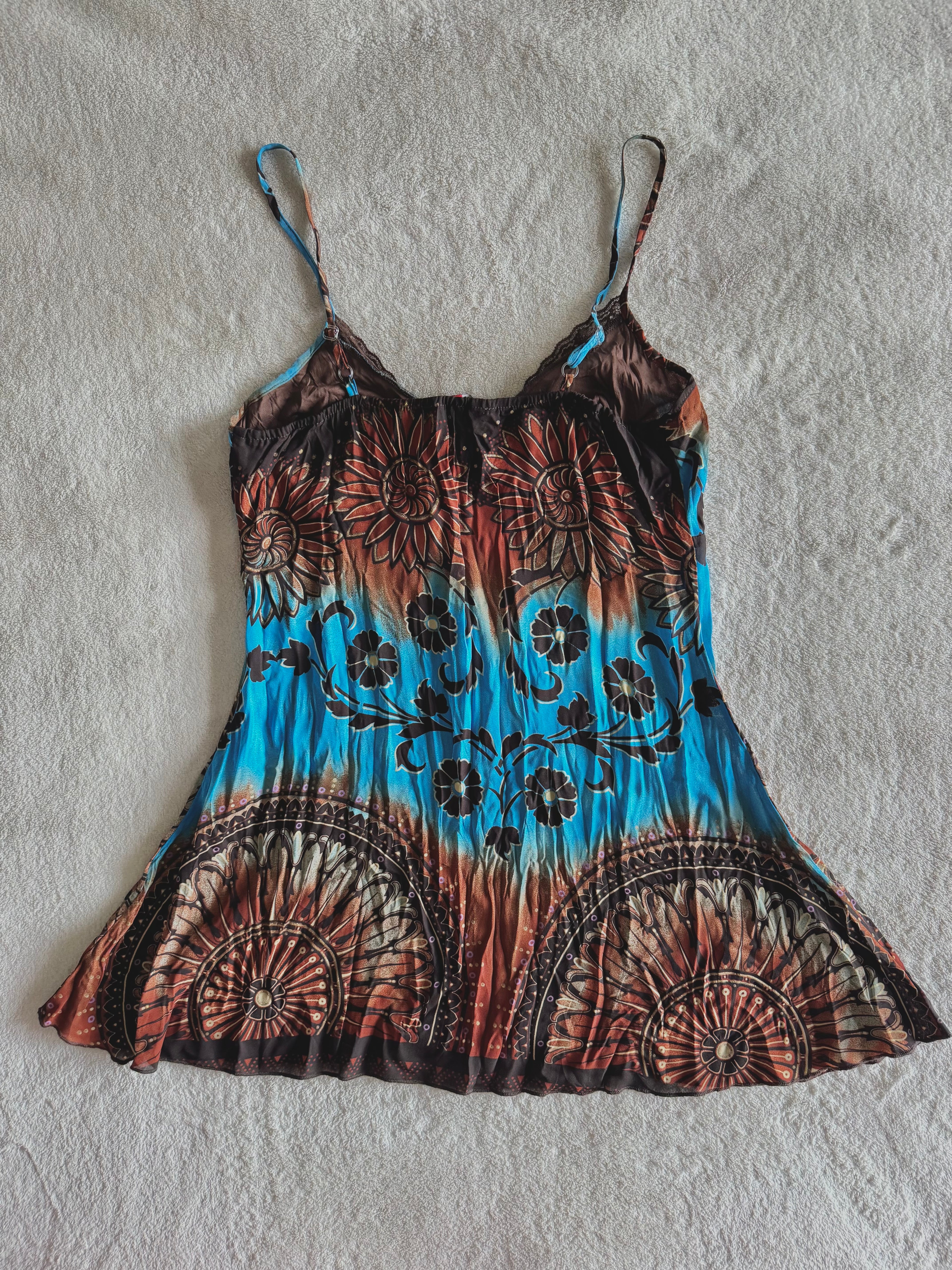 y2k vintage earthy blue and brown floral fitted cami top
