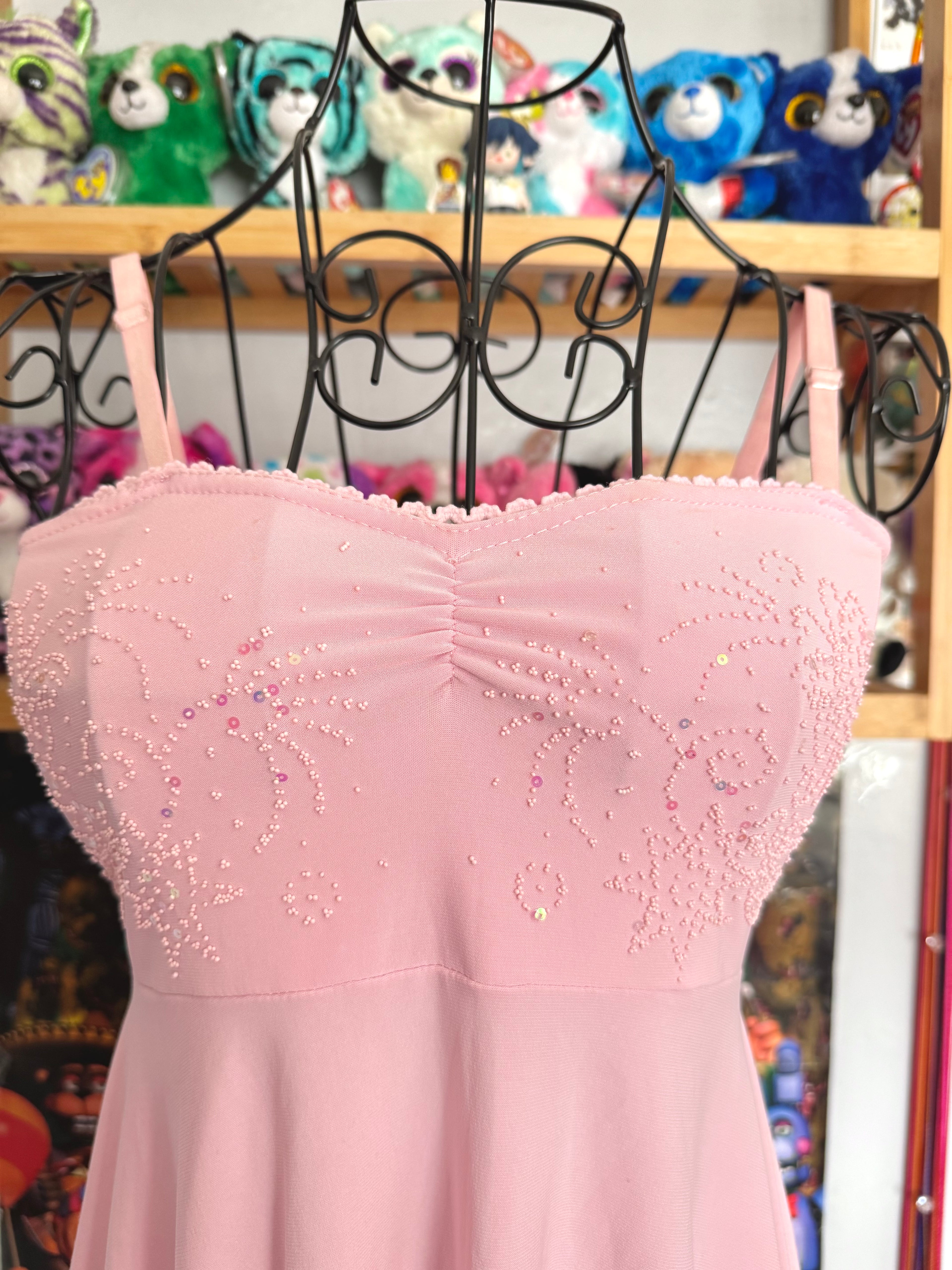 y2k vintage baby pink asymmetrical fairy hem ruched beaded cami top
