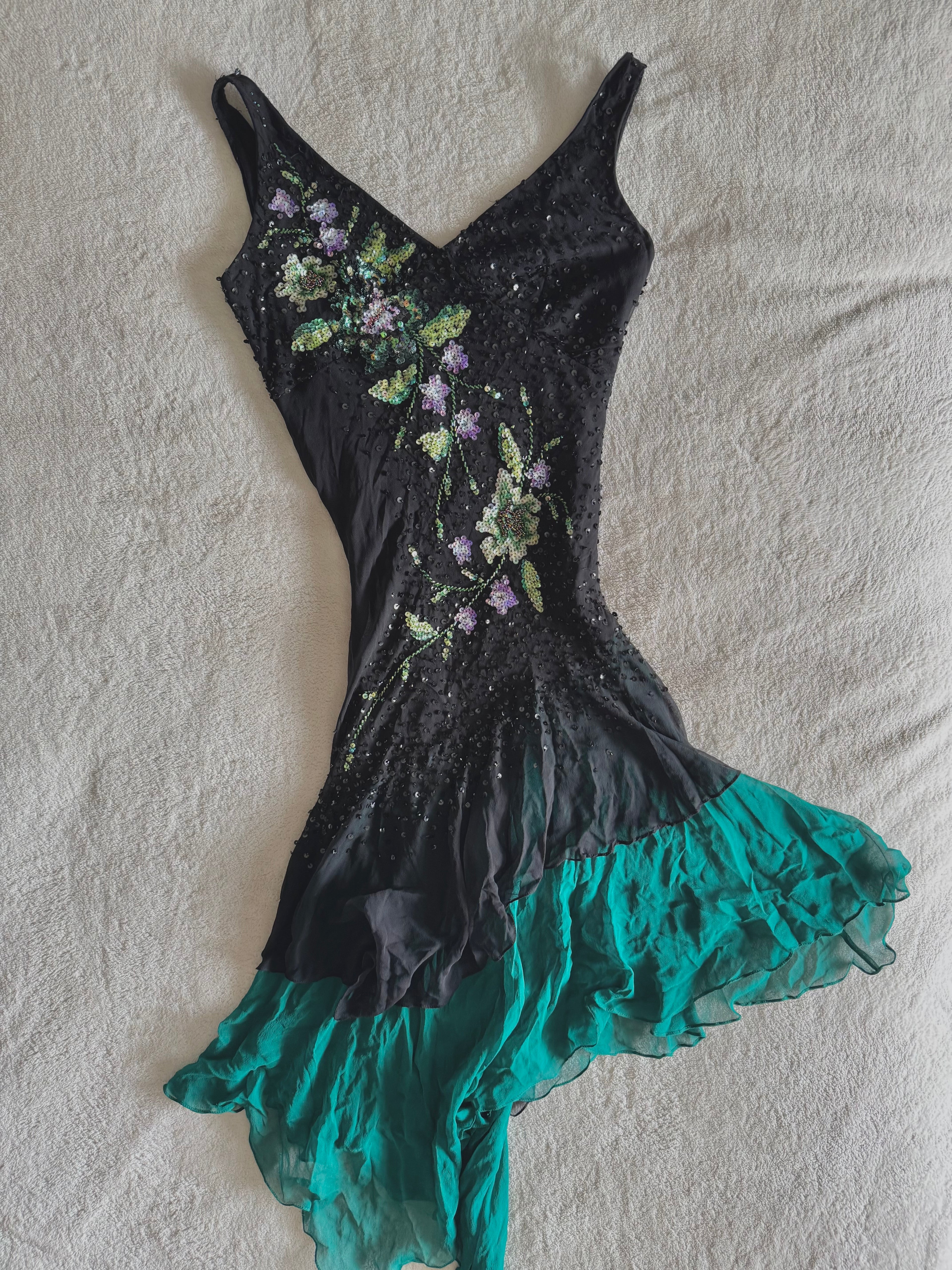 y2k vintage silk asymmetrical hem V-neck sequin embellished occasion dress