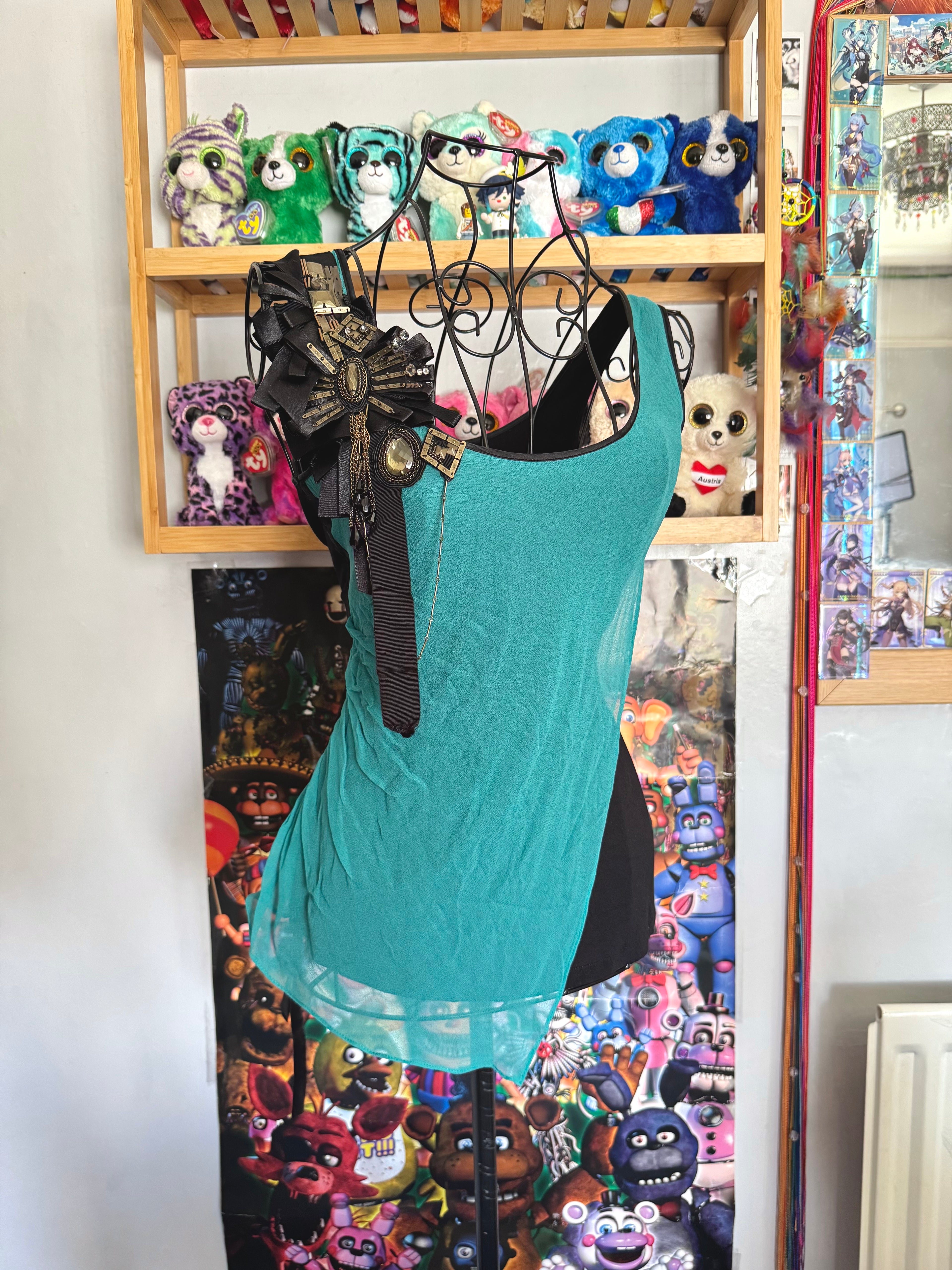 y2k vintage silk teal and black fitted asymmetrical hem vest top