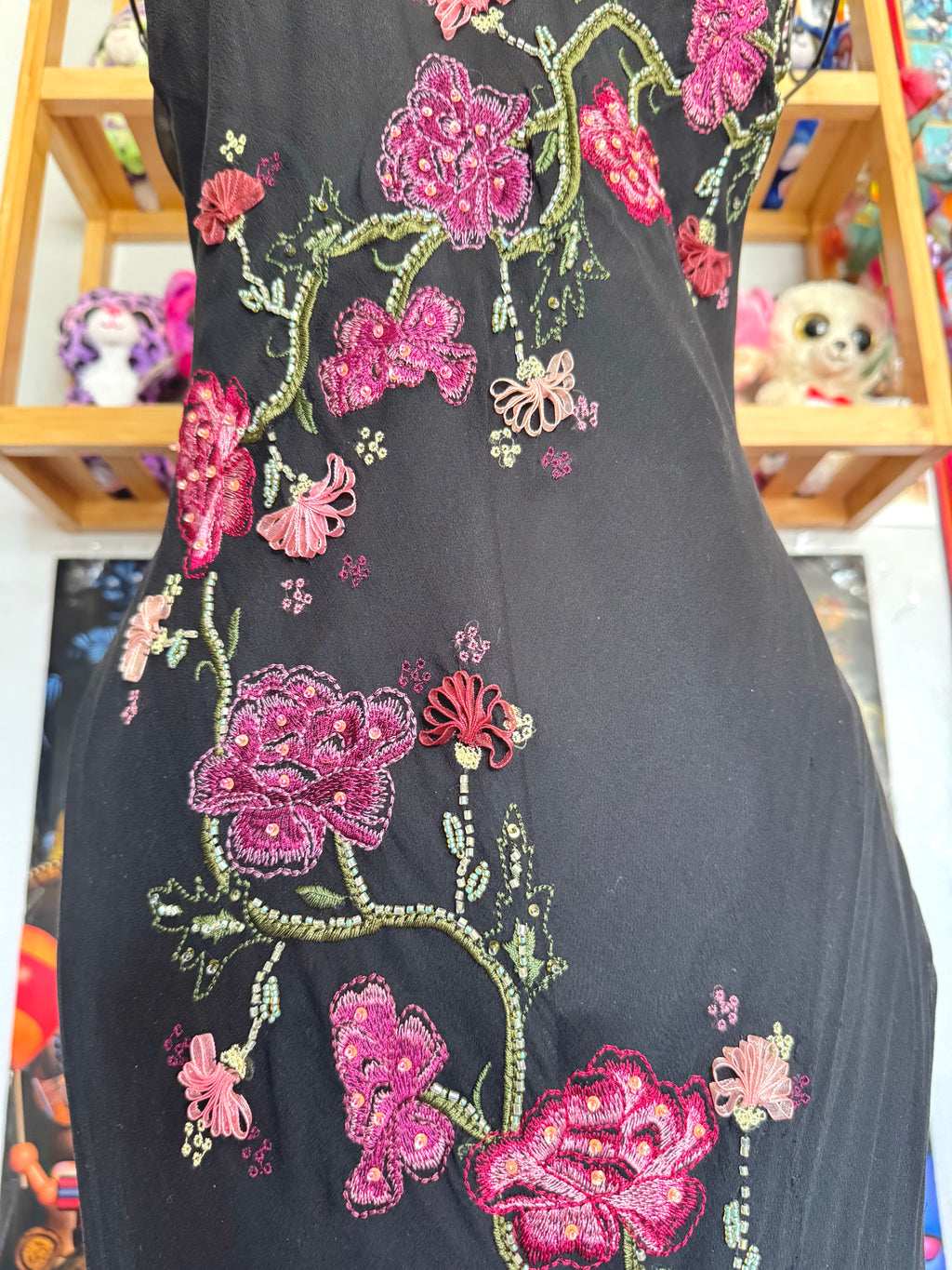 y2k vintage silk asymmetrical hem tassel maxi dress with beautiful floral embroidery