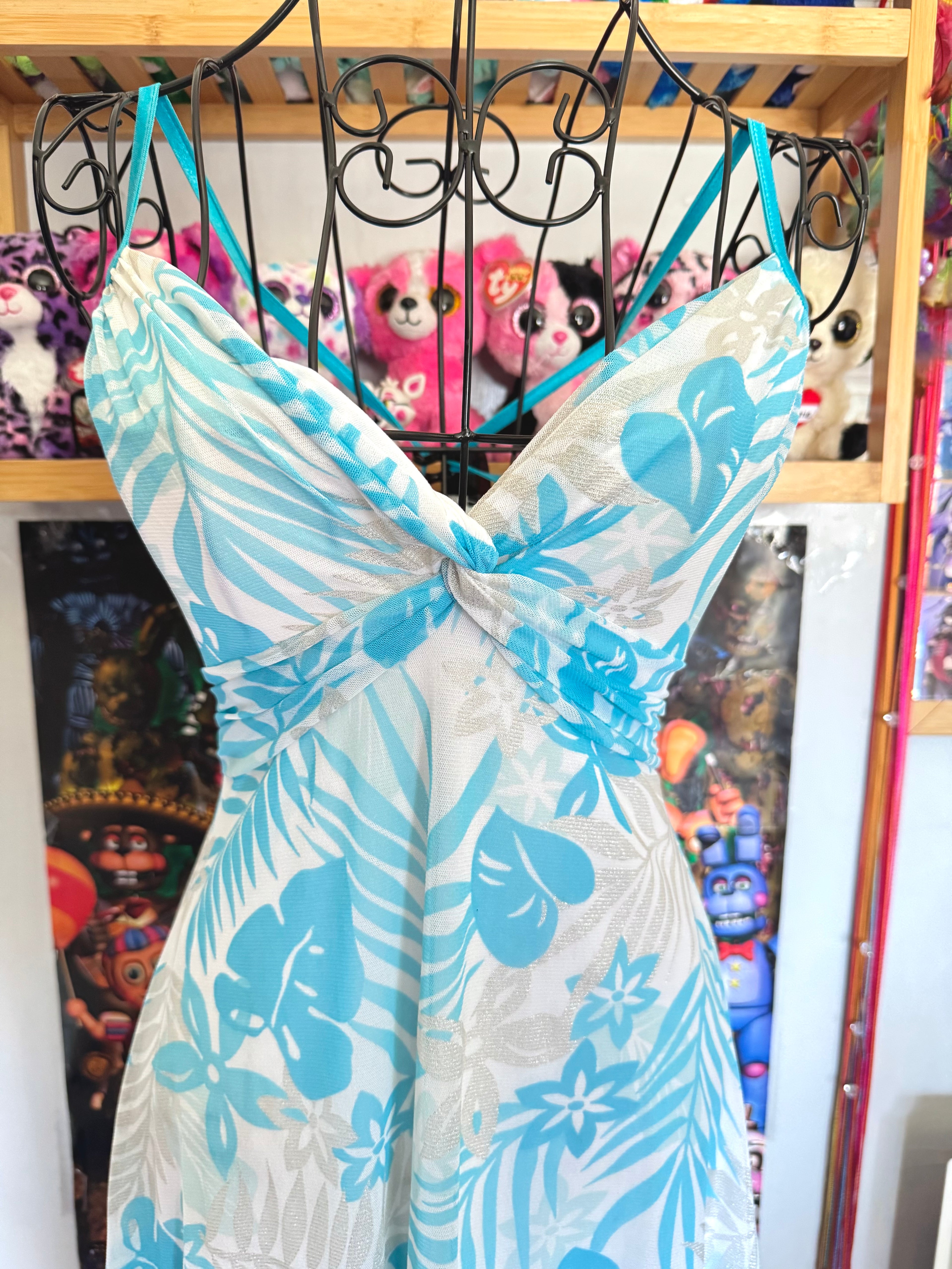y2k vintage tie back turquoise blue mesh asymmetrical lettuce hem mini dress