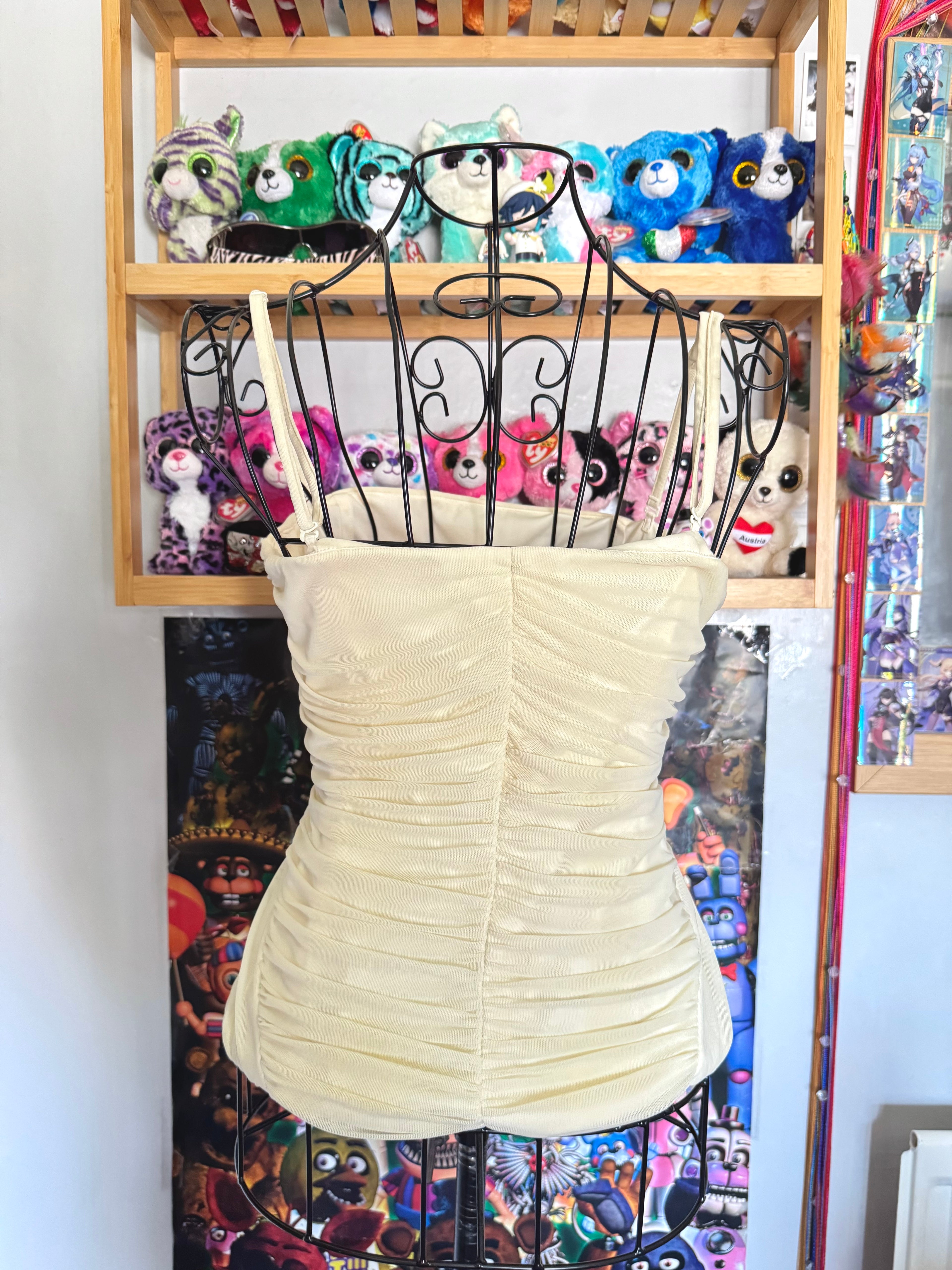 y2k vintage cream ruched boned and fitted corset top with sequins embellished