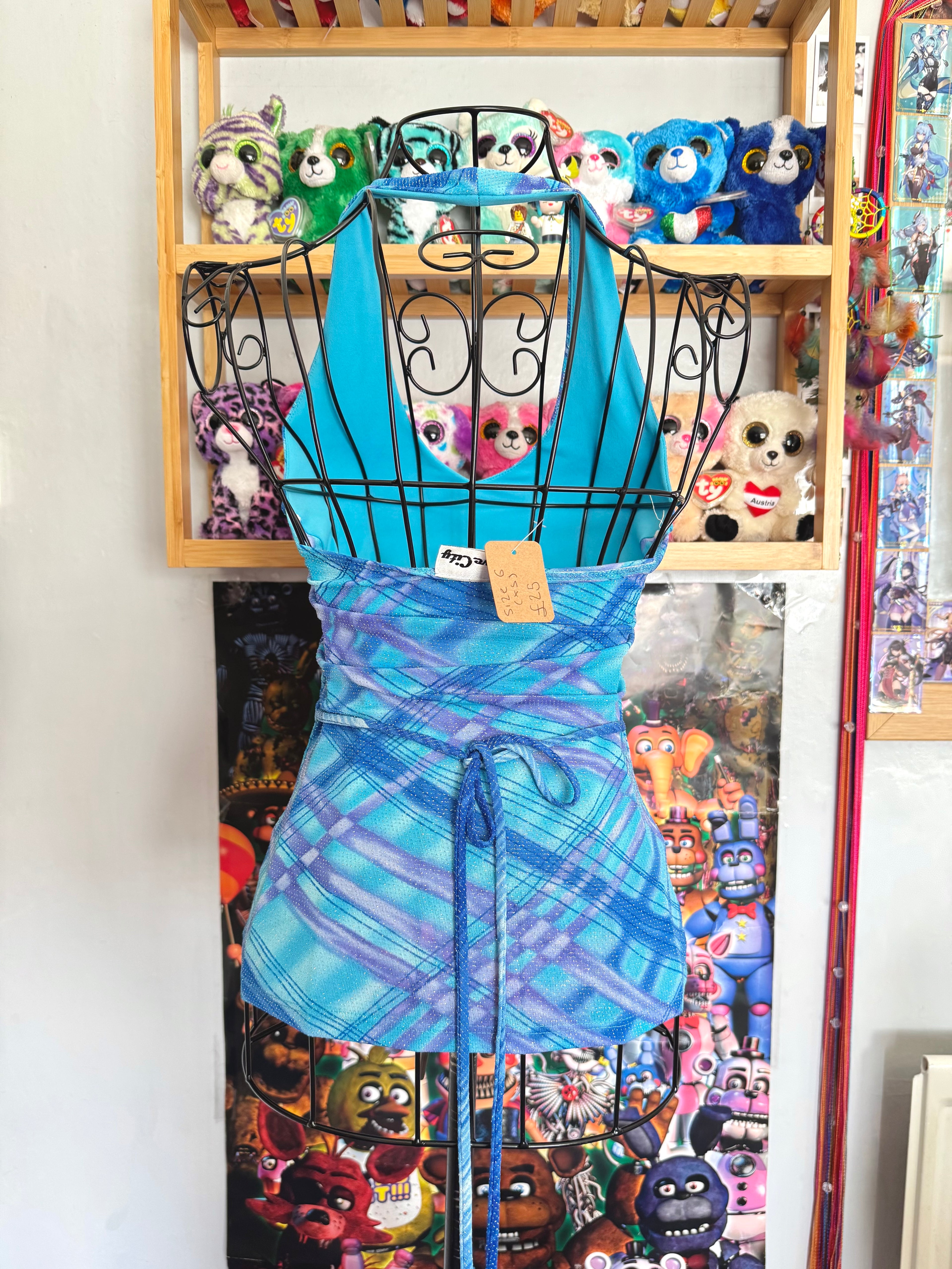 y2k vintage aqua blue fitted halterneck tie back top with glittery shimmer throughout