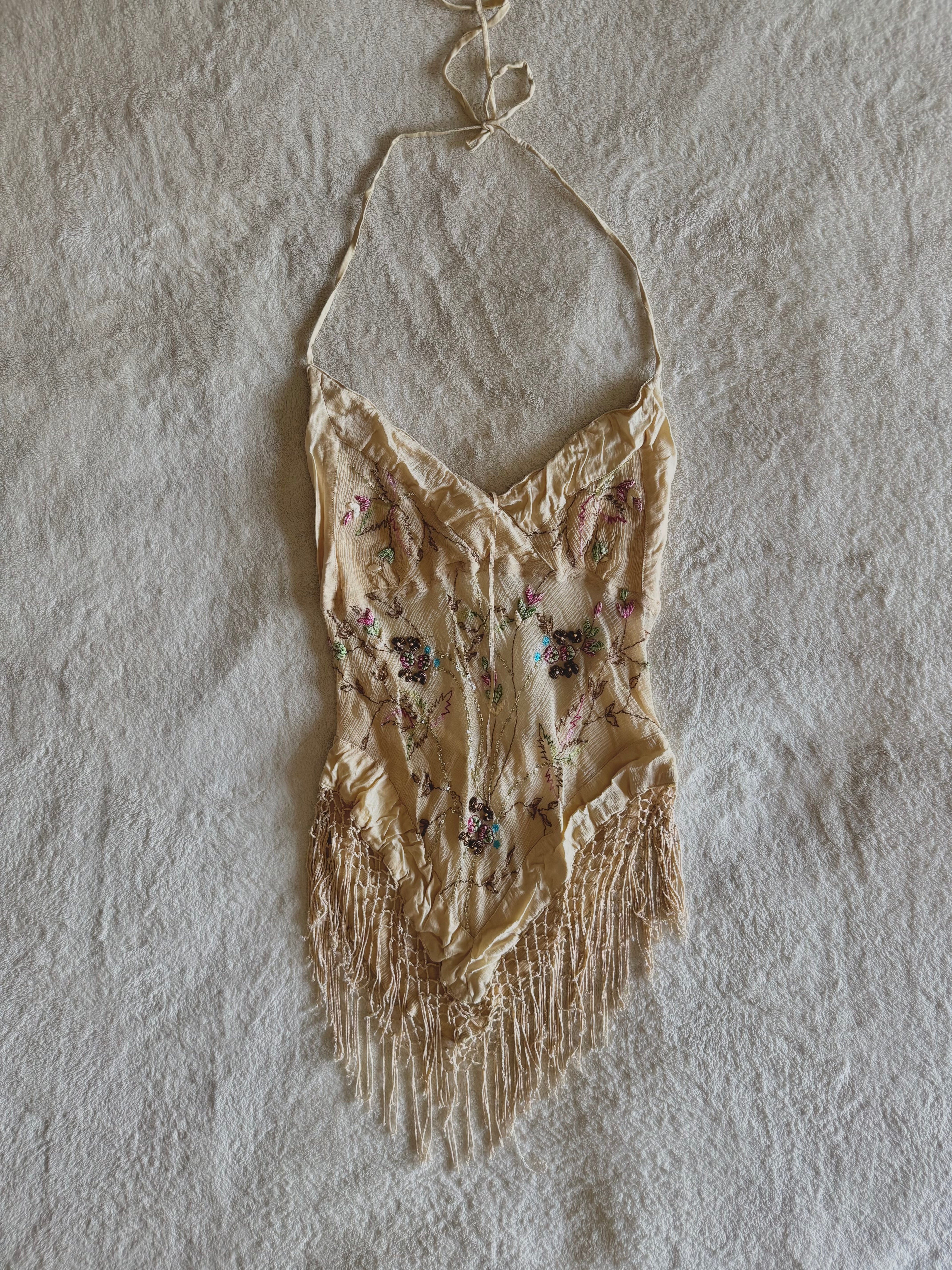 y2k vintage silk floral embroidery fitted halterneck top with lattice tassels festival western