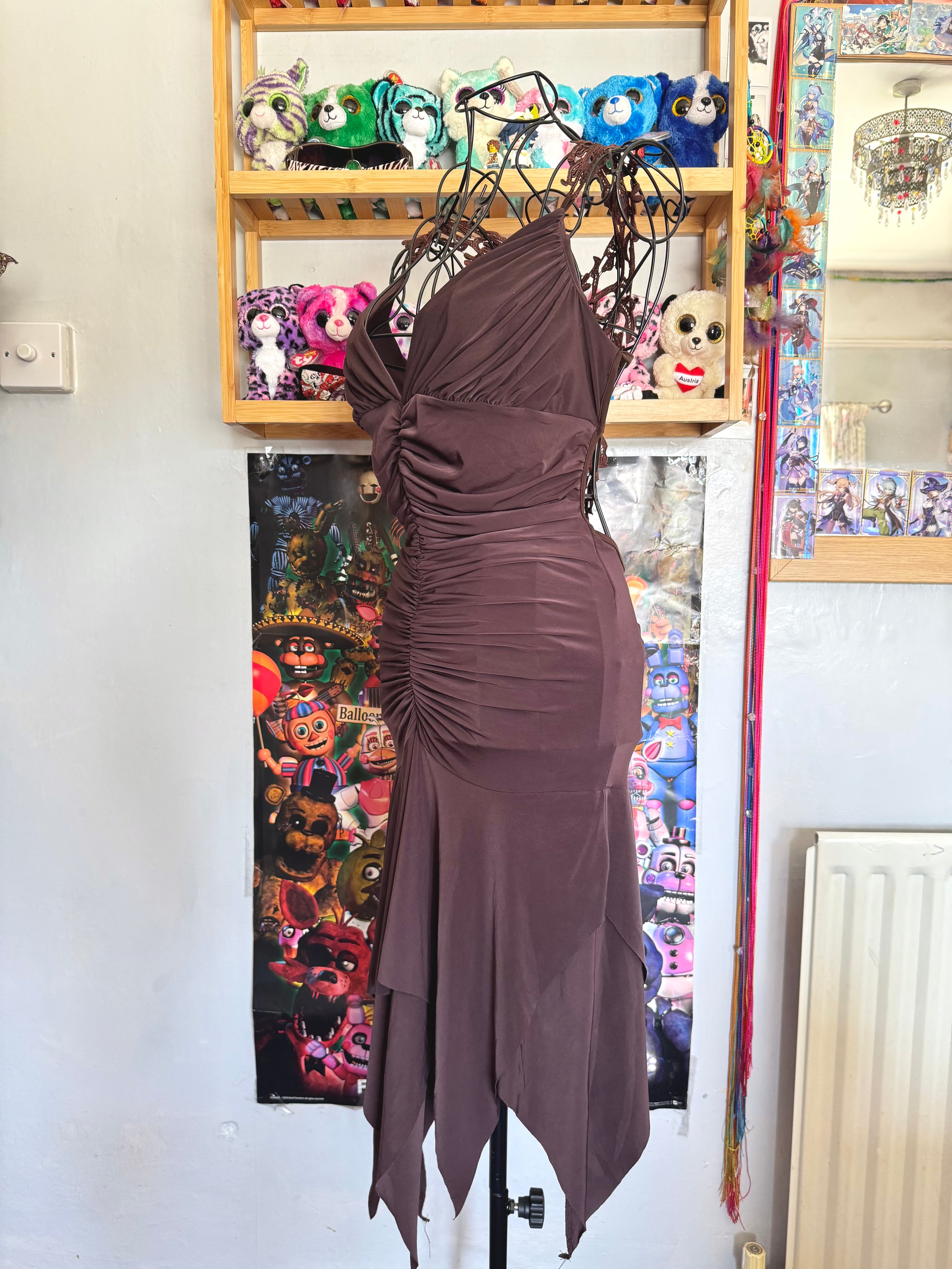 y2k vintage chocolate brown ruched fitted floral lace back fairycore mini dress