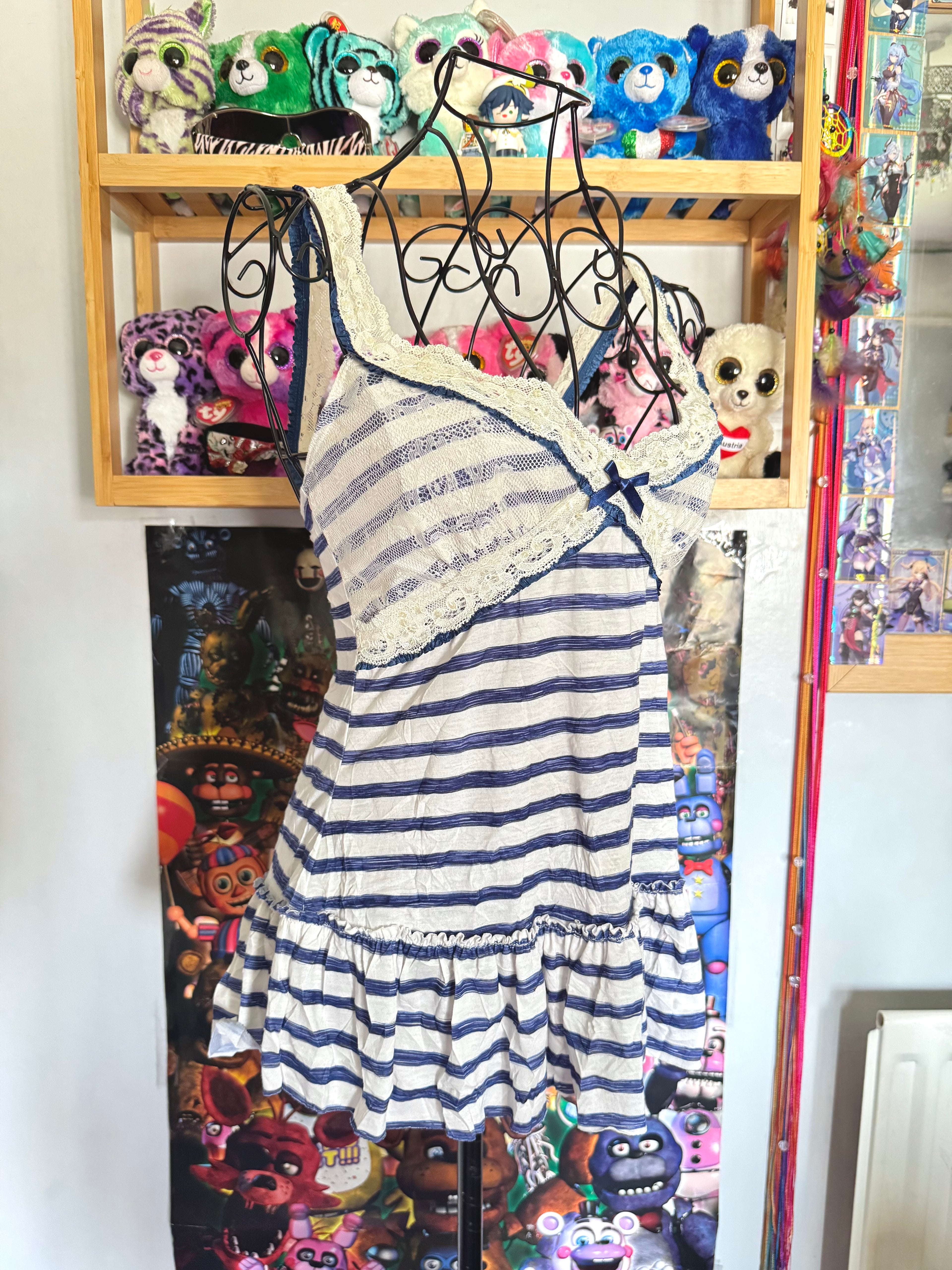 y2k vintage sailor vibes striped blue and white ruffle bottom cami top with lace trimmings