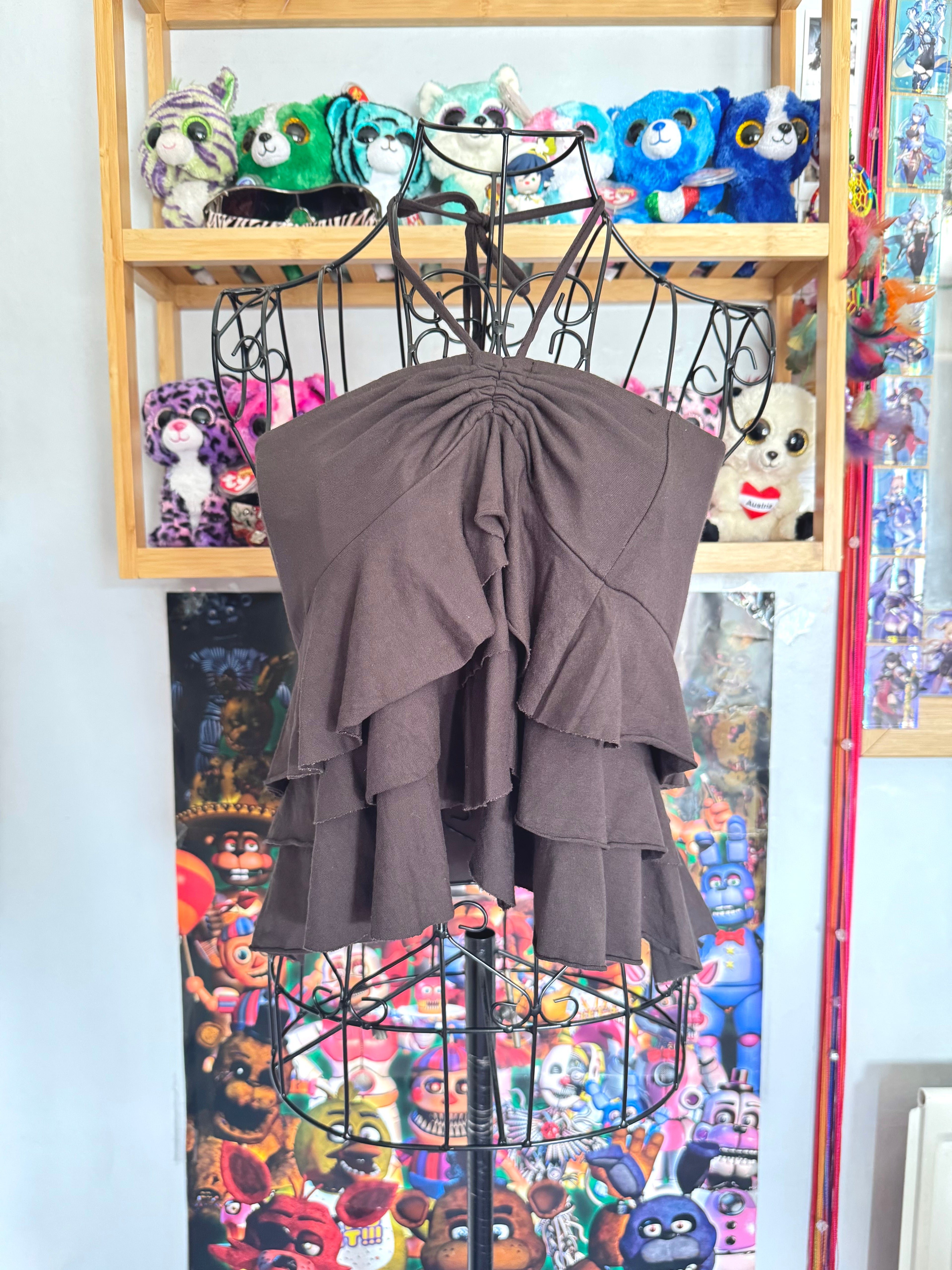 y2k vintage chocolate brown ruffle tiered mini skirt or floaty halter top fairycore