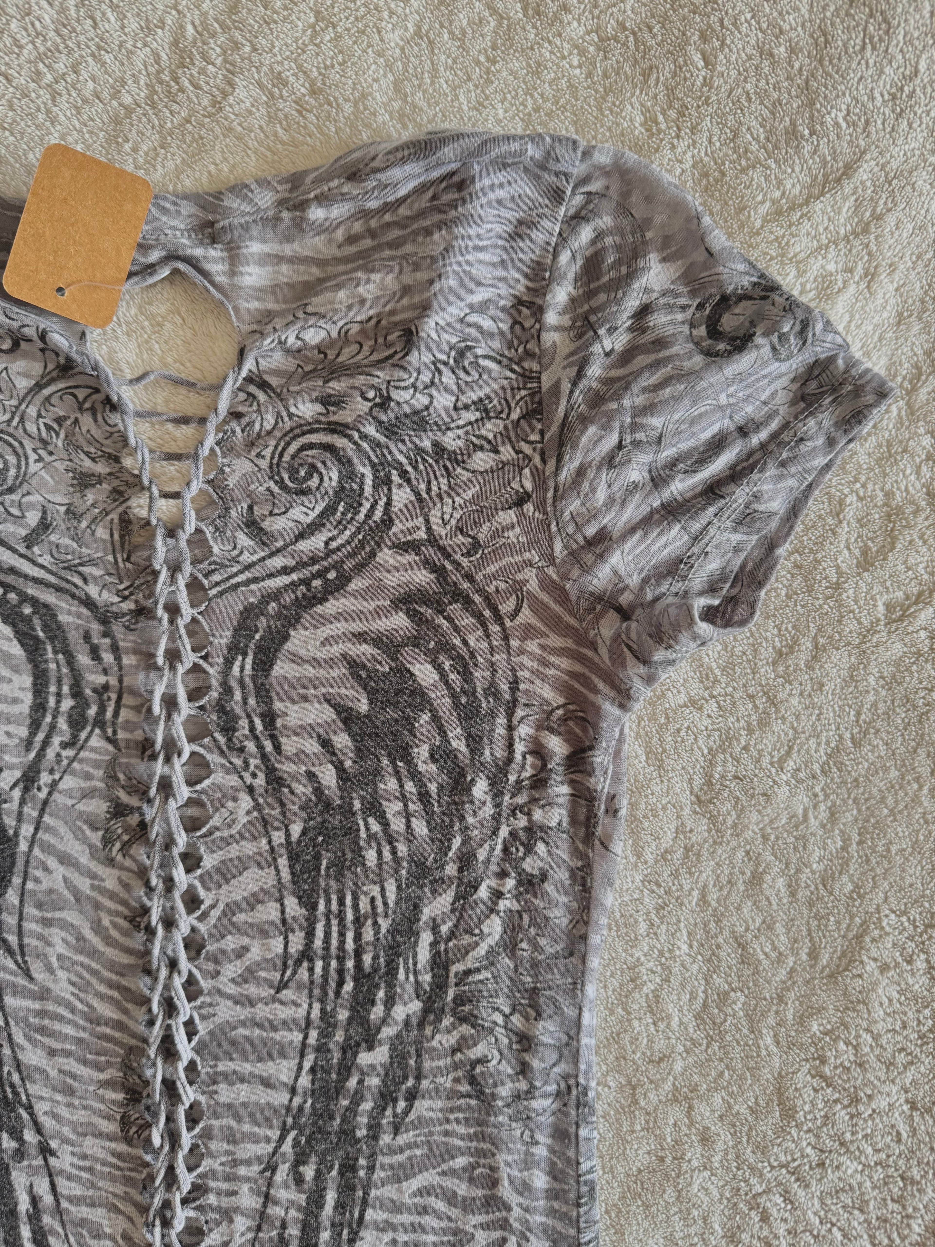y2k vintage sheer graphic wings fitted tee with rhinestone embellishments affliction mcbling