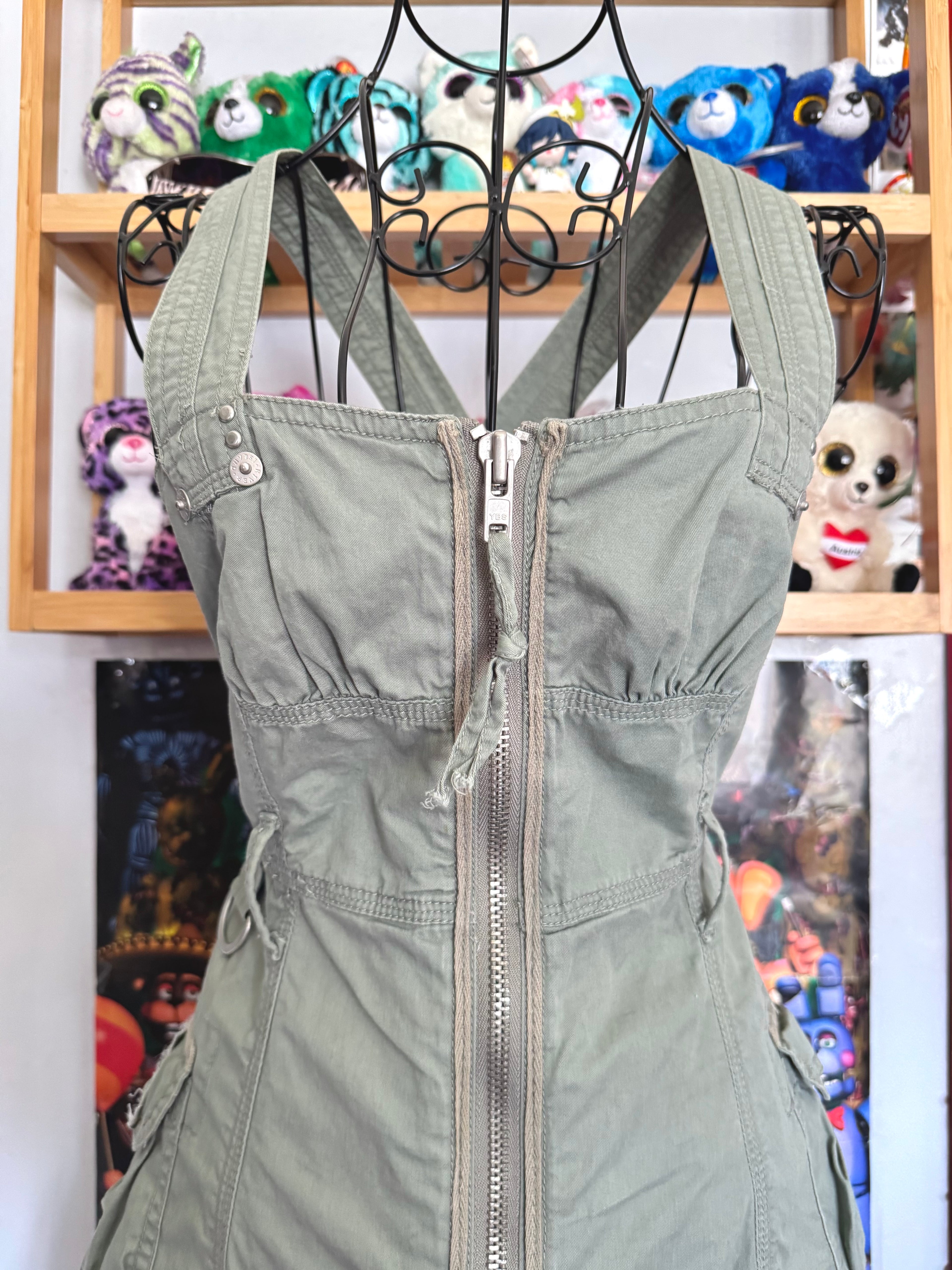 y2k vintage khaki green cargo utility mini dress streetwear grunge summer