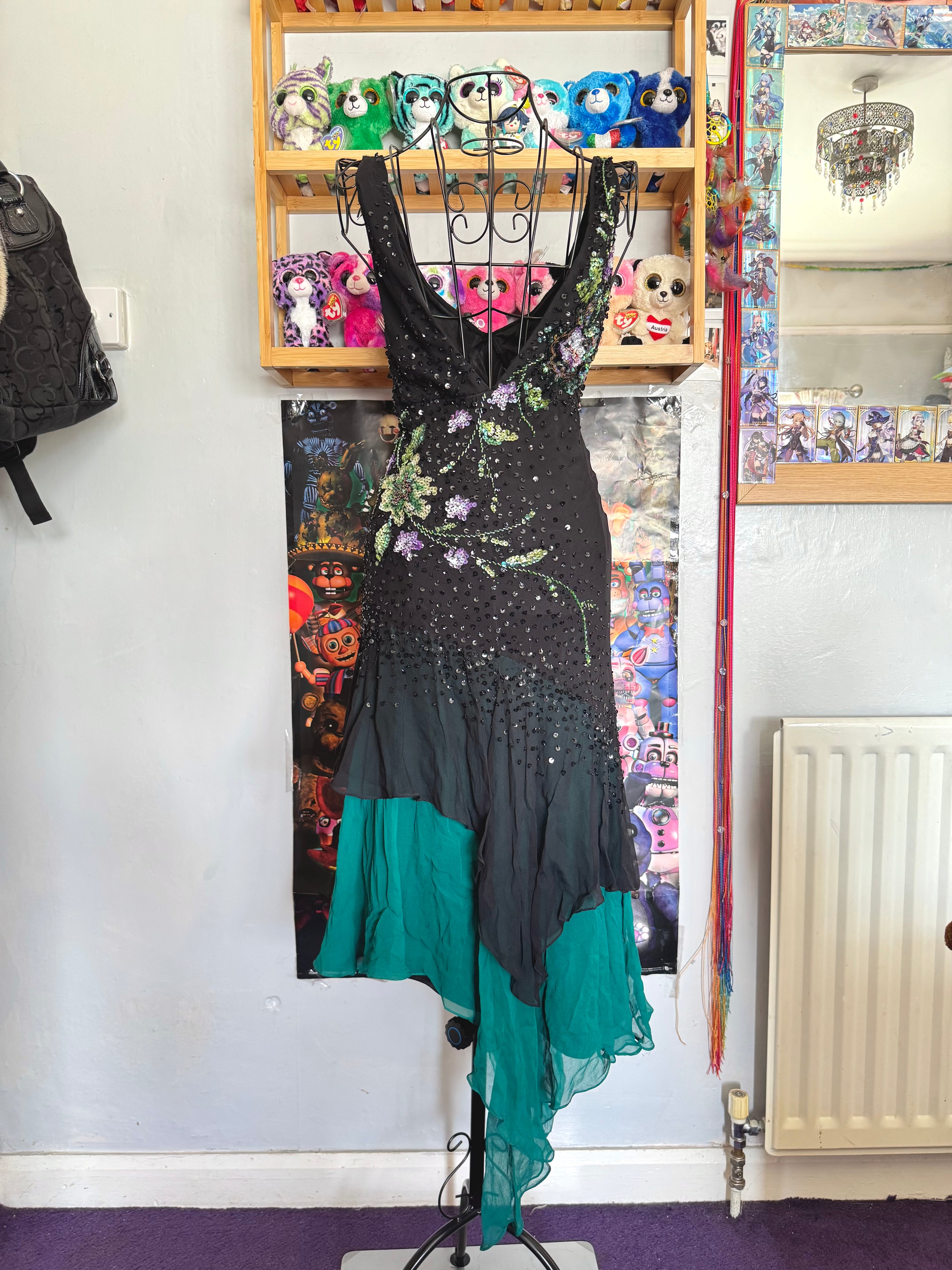y2k vintage silk asymmetrical hem V-neck sequin embellished occasion dress