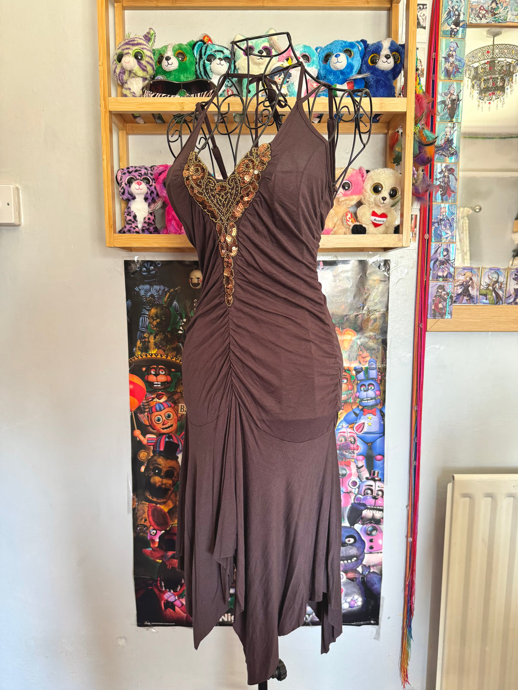 y2k vintage chocolate brown rushed asymmetrical hem midi halterneck dress with golden sequins