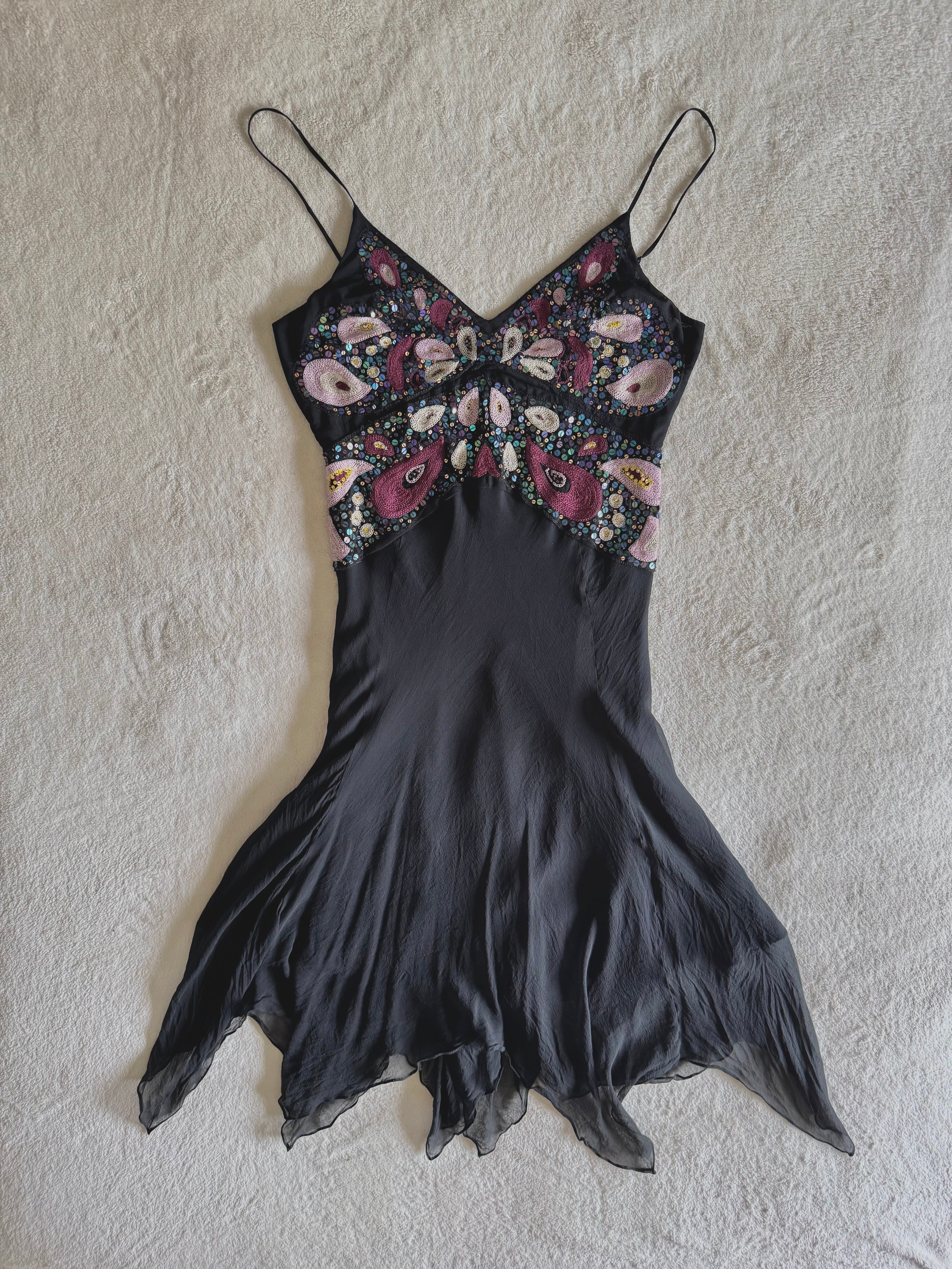 y2k vintage silk black and pink butterfly sequin embellished floaty fairy hem midaxi length dress