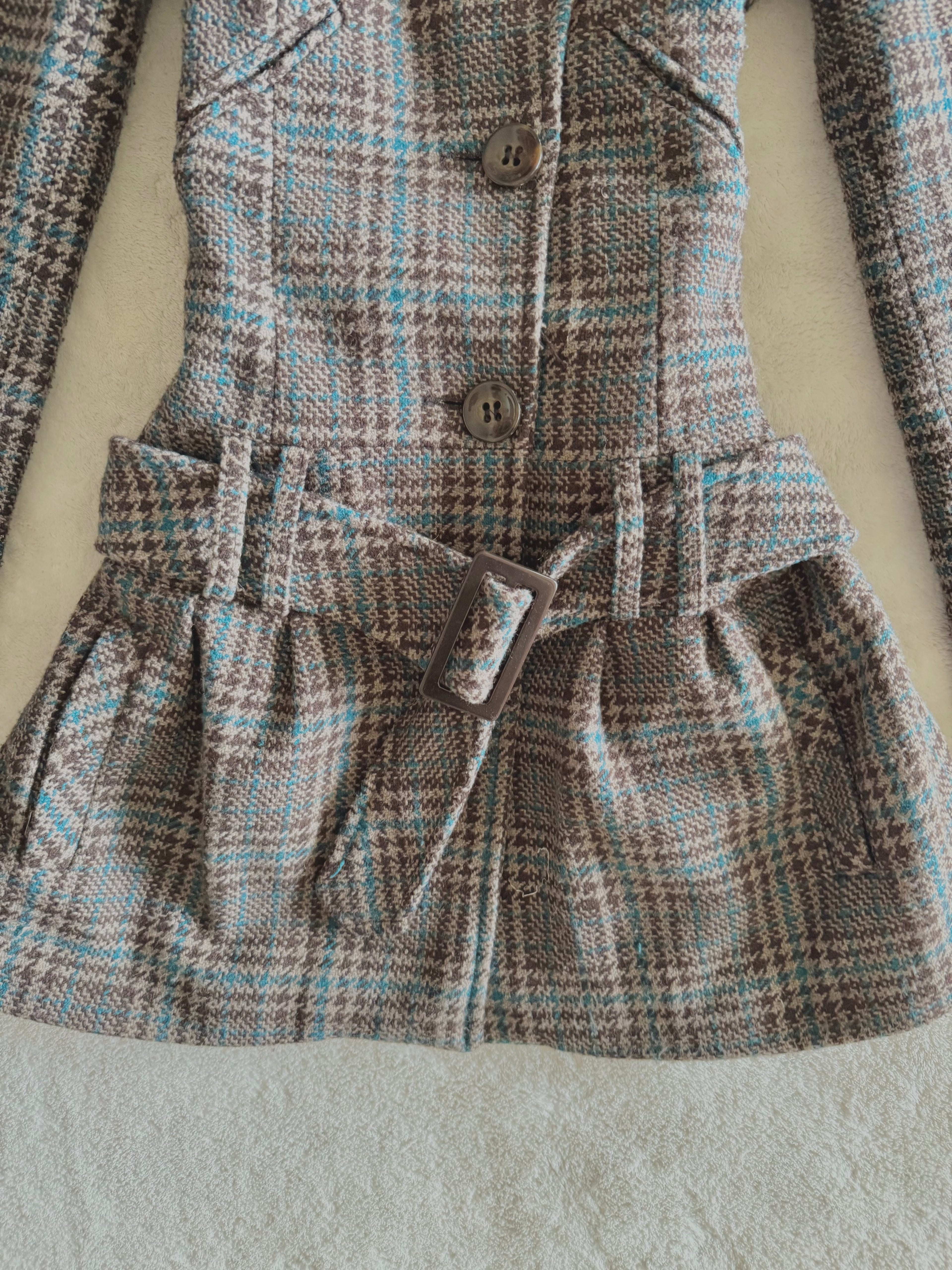 y2k vintage funnel neck plaid button up peacoat with detachable adjustable belt