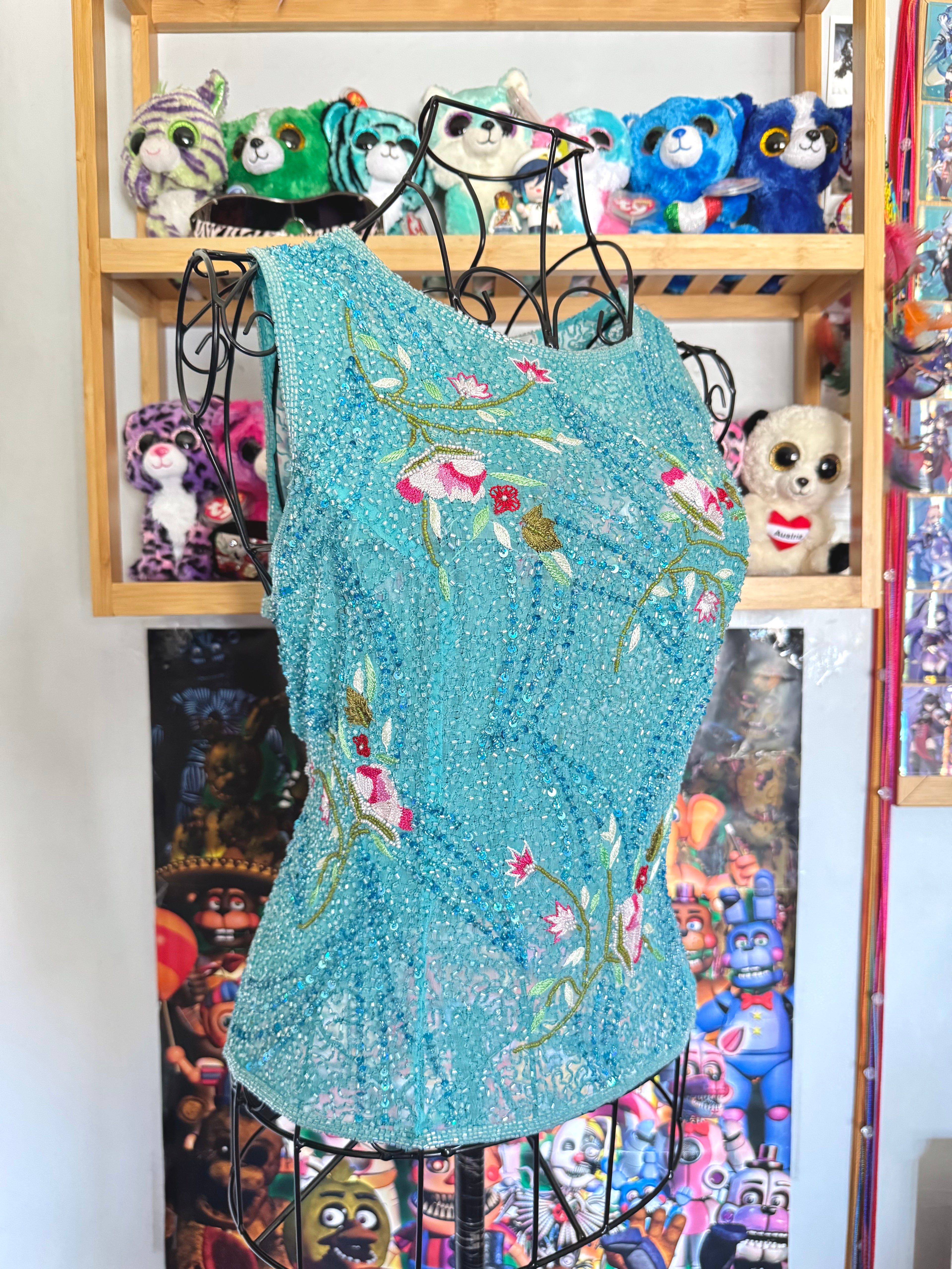 y2k vintage turquoise blue heavily beaded silk fitted vest top mermaid