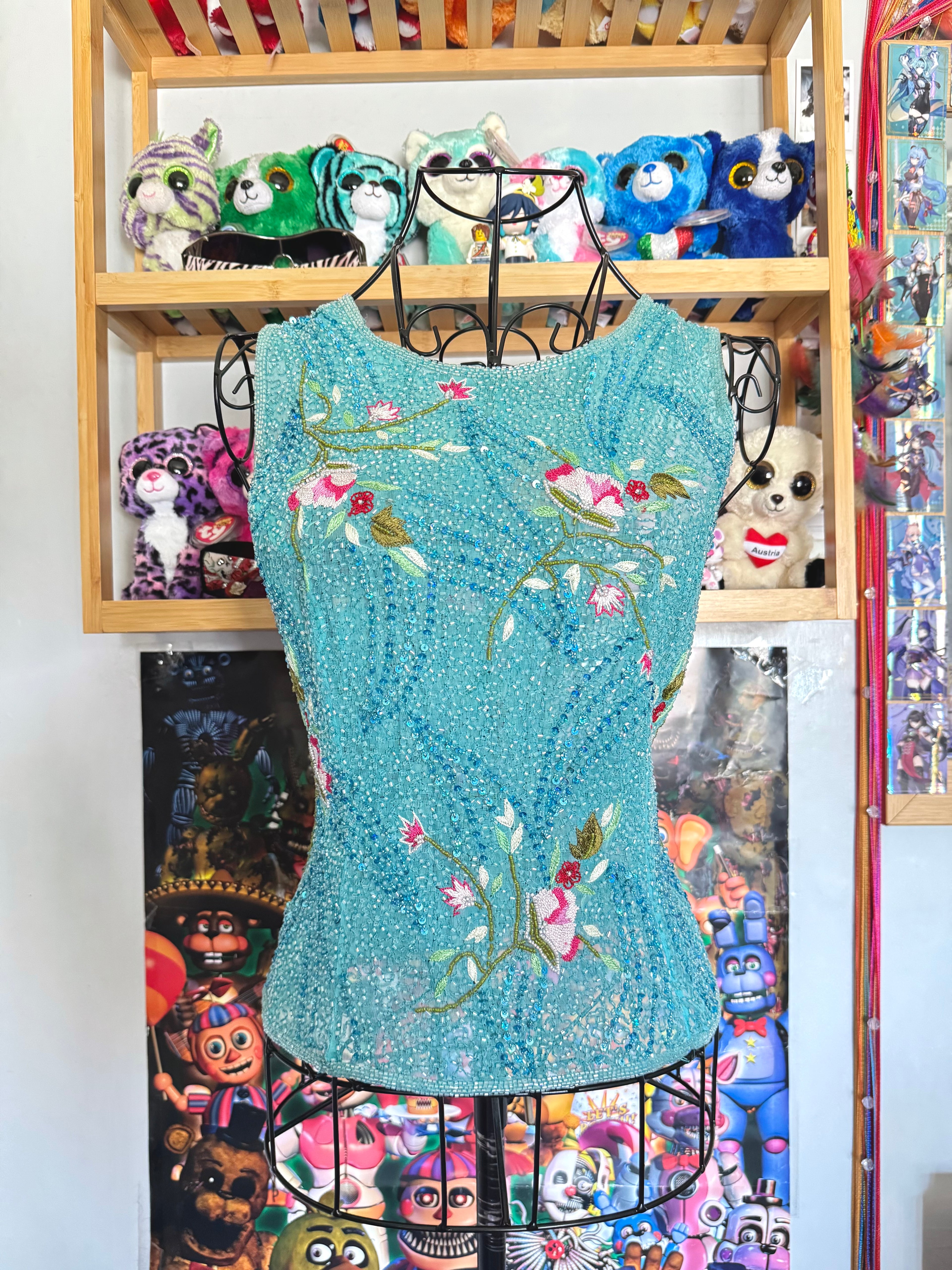 y2k vintage turquoise blue heavily beaded silk fitted vest top mermaid