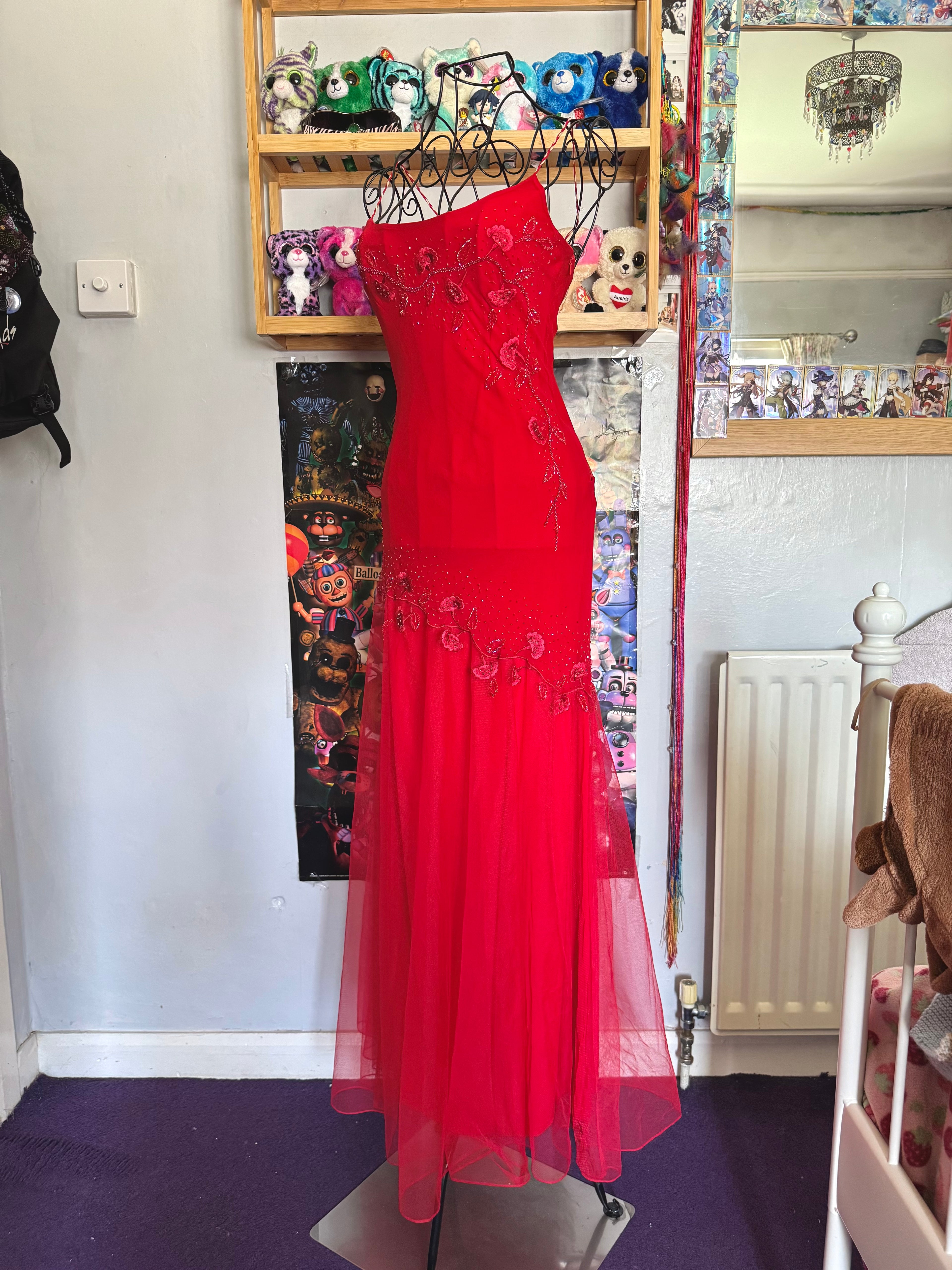 y2k vintage red silk floral embroidery maxi dress for prom or special occasion