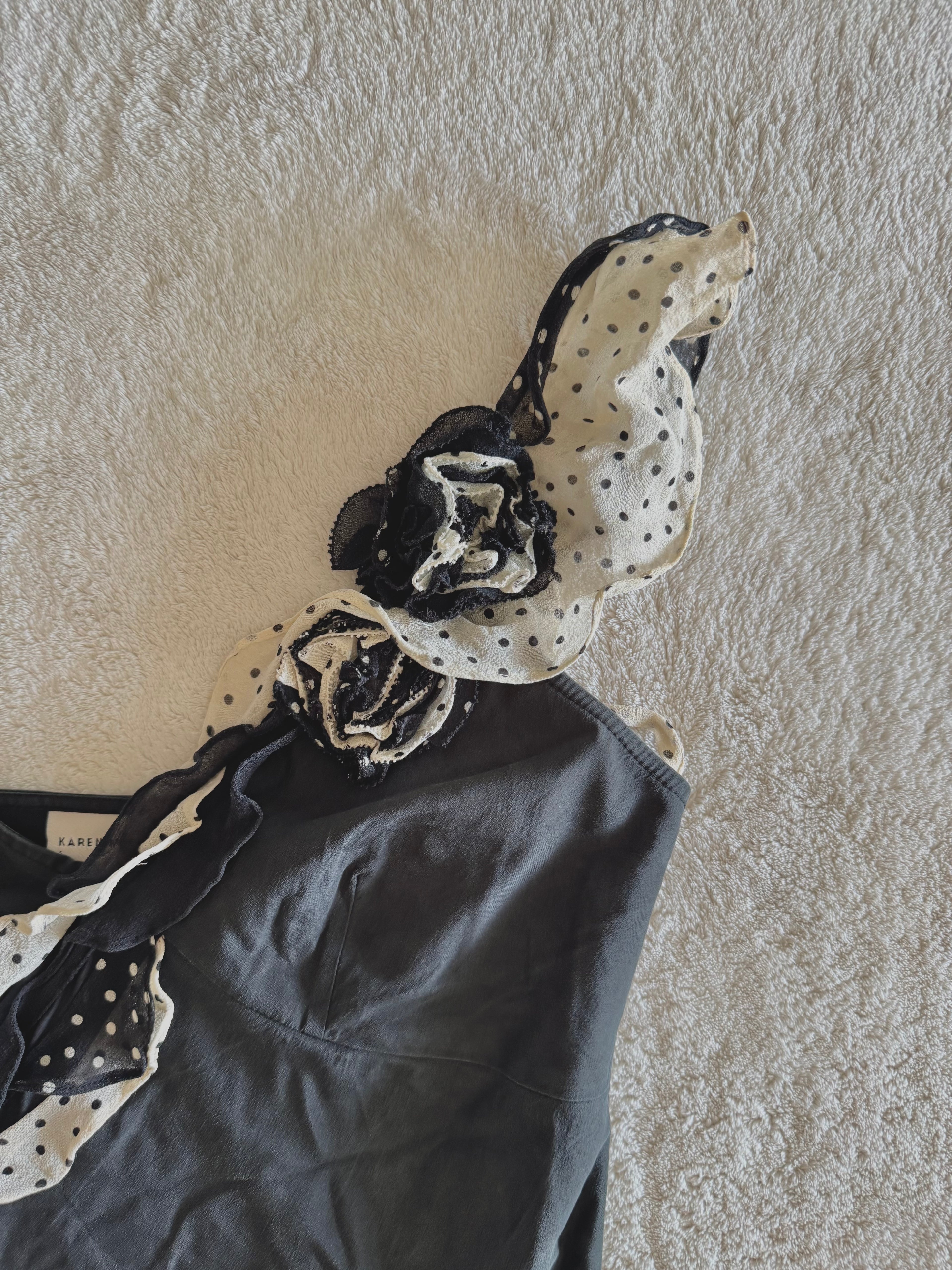y2k vintage black and cream silk polkadot fitted asymmetrical cami top