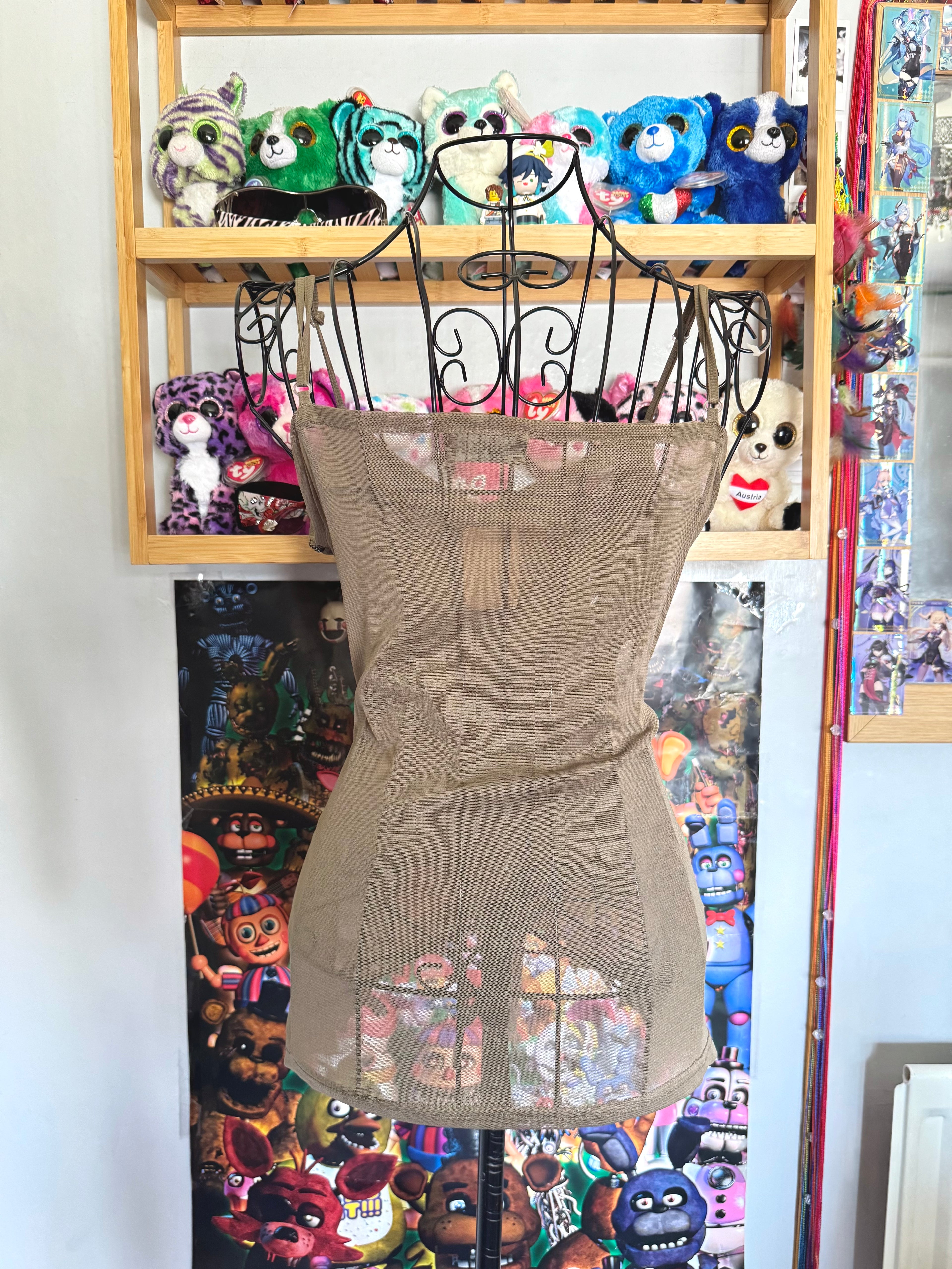 y2k vintage khaki brown sheer mesh butterfly sequinned cami top with jagged asymmetrical hem fairy